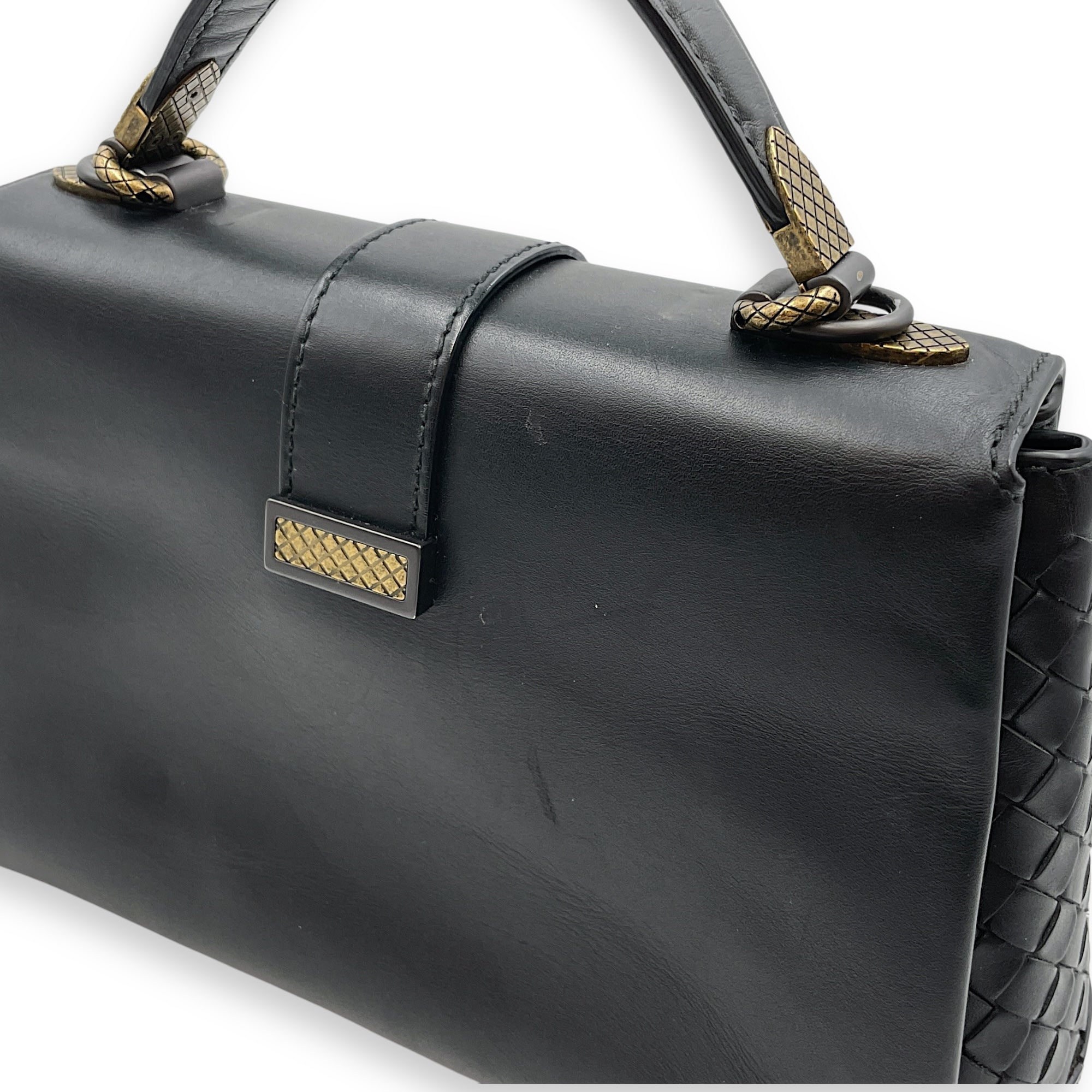 Nappa Intrecciato Piazza Medium Black Top Handle Bag in Nappa Leather, Black/Gold and Brunito Hardware hardware