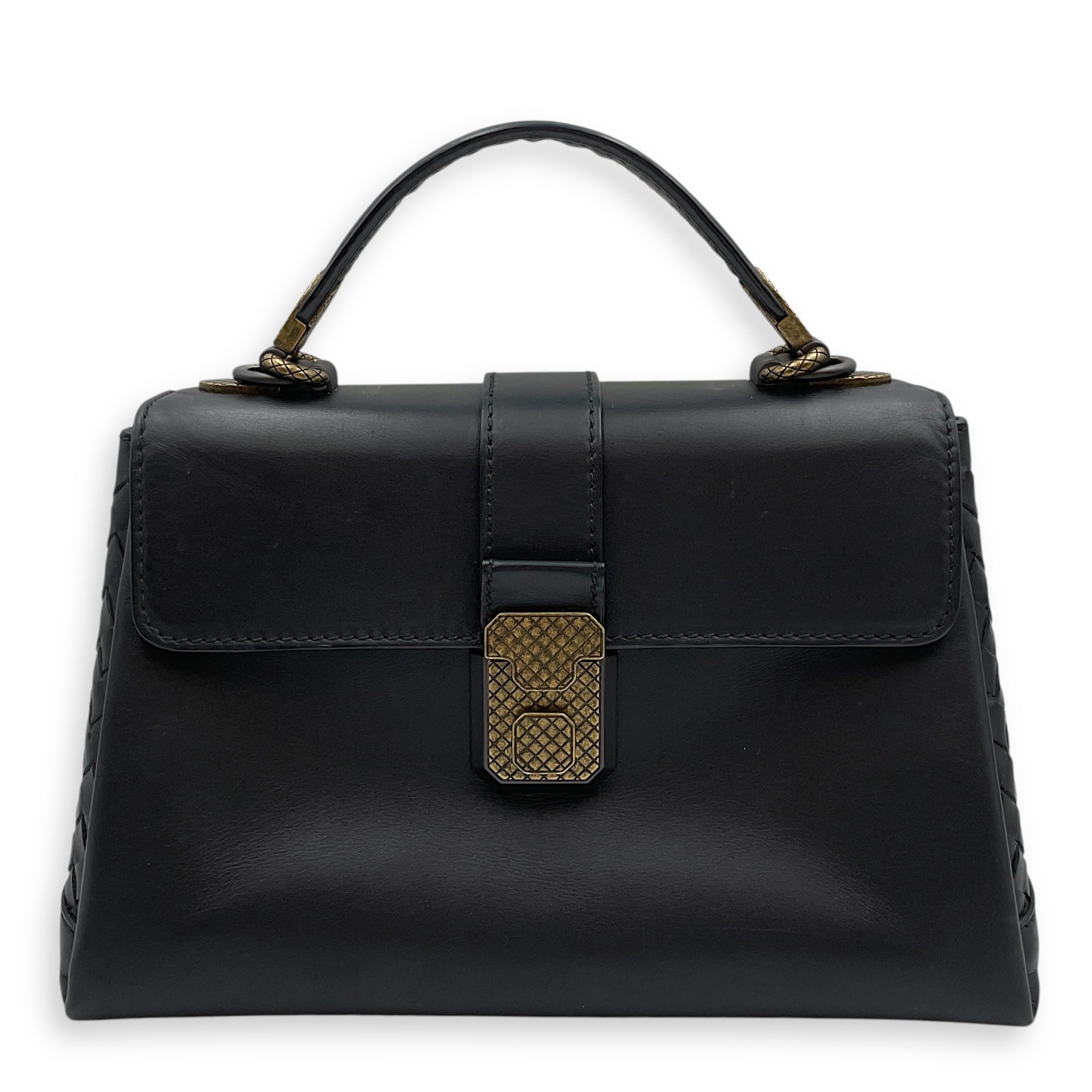Nappa Intrecciato Piazza Medium Black Top Handle Bag in Nappa Leather, Black/Gold and Brunito Hardware hardware