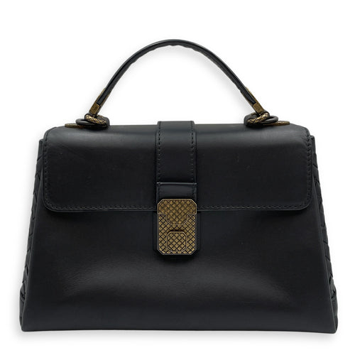 Nappa Intrecciato Piazza Medium Black Top Handle Bag in Nappa Leather, Black/Gold and Brunito Hardware hardware