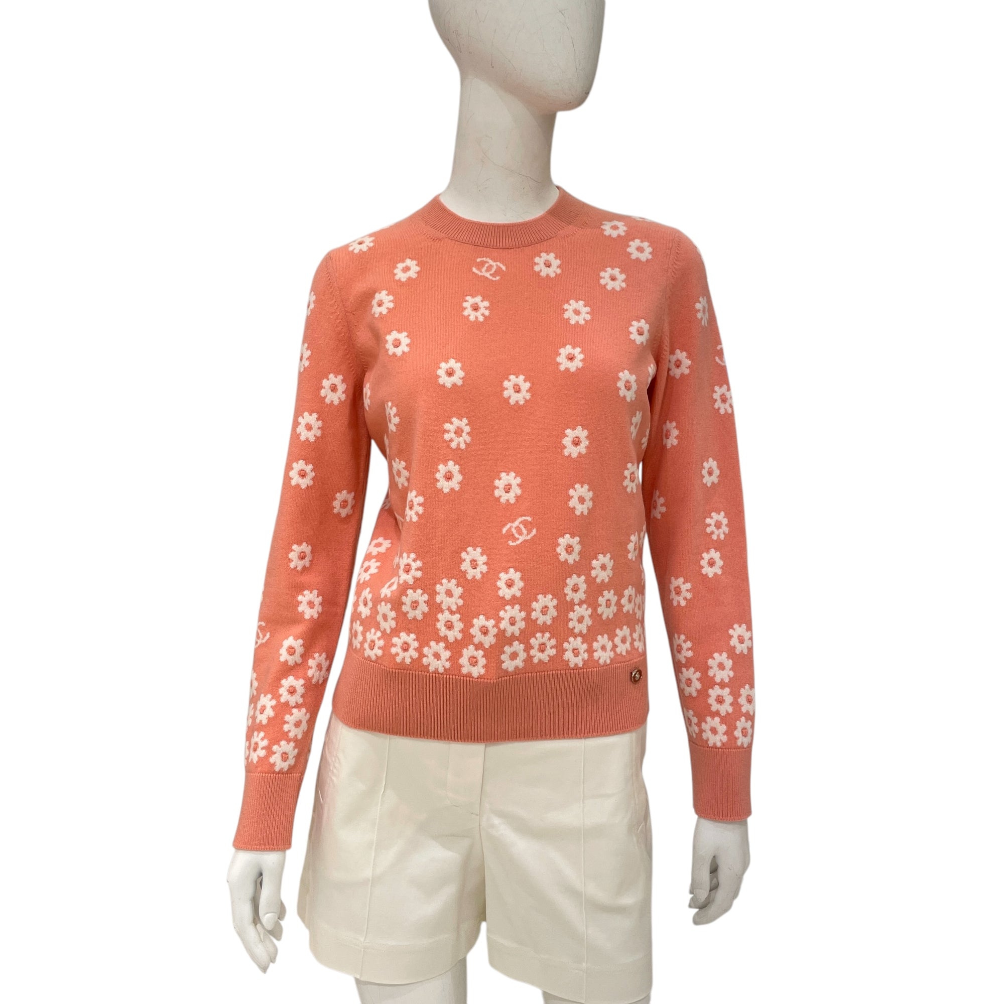 22P Floral CC Knitted 34 Pink, White Pullover in Cashmere,polyamide, elastane, Gold hardware