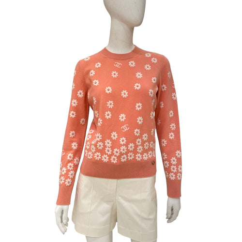 22P Floral CC Knitted 34 Pink, White Pullover in Cashmere,polyamide, elastane, Gold hardware