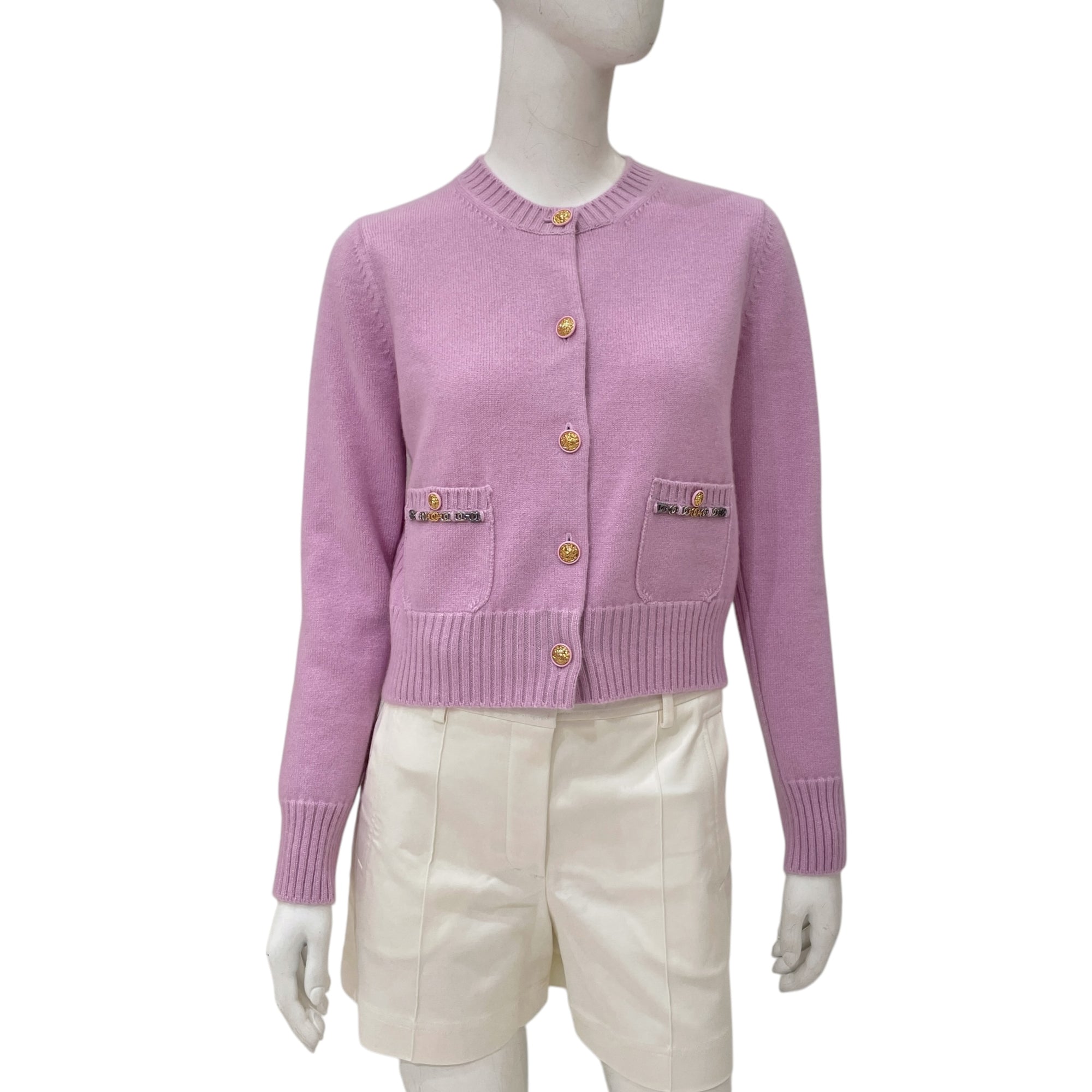 22B CC Chain Leo Button Long-sleeved 34 Light Pink Cardigan in Cashmere, silk, 3-Tone hardware