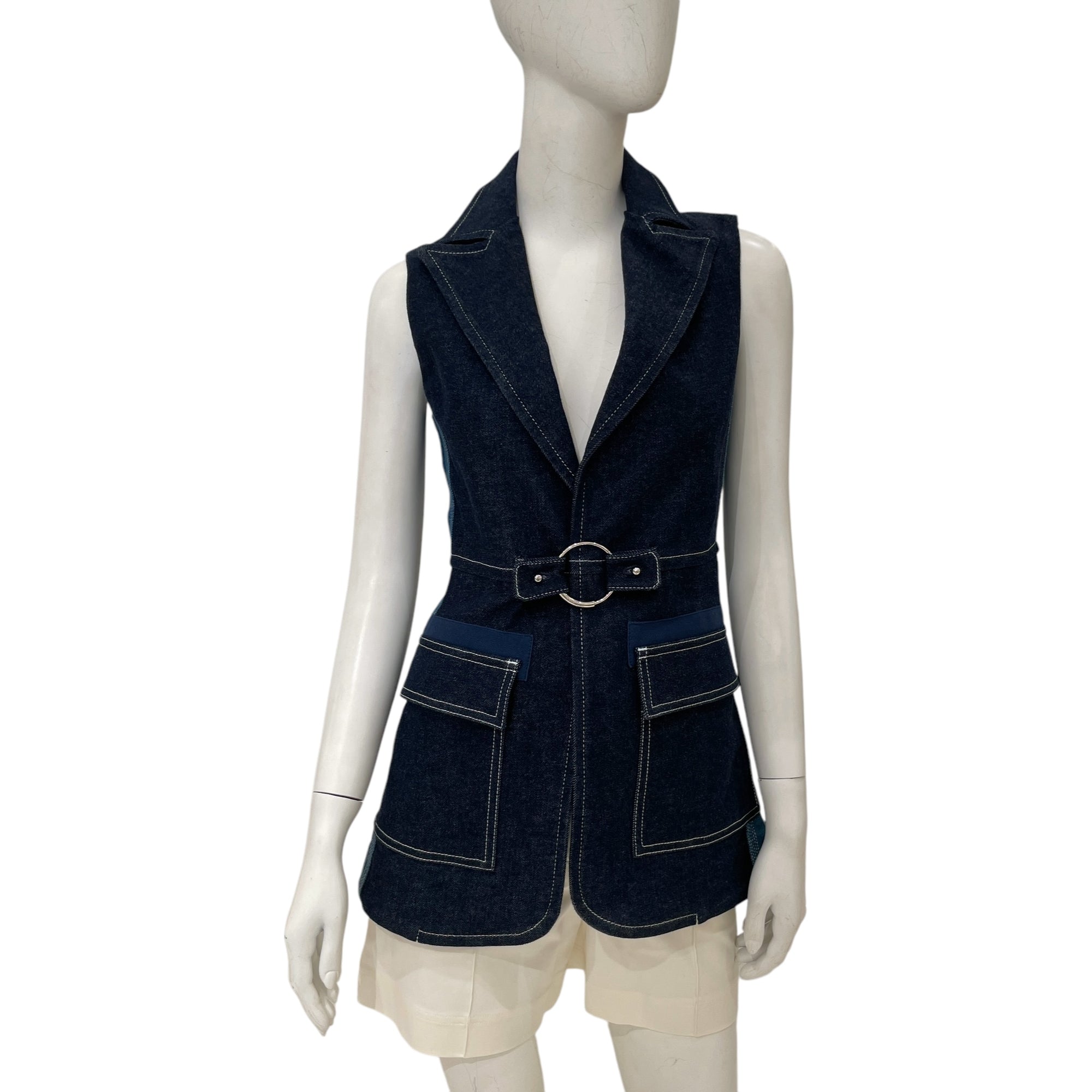 2-Tone Denim Long 34 Blue Vest in Denim cotton, elastane, Silver hardware