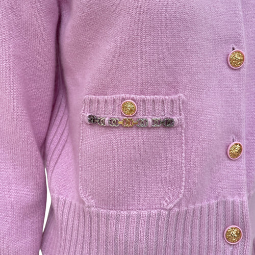 22B CC Chain Leo Button Long-sleeved 34 Light Pink Cardigan in Cashmere, silk, 3-Tone hardware