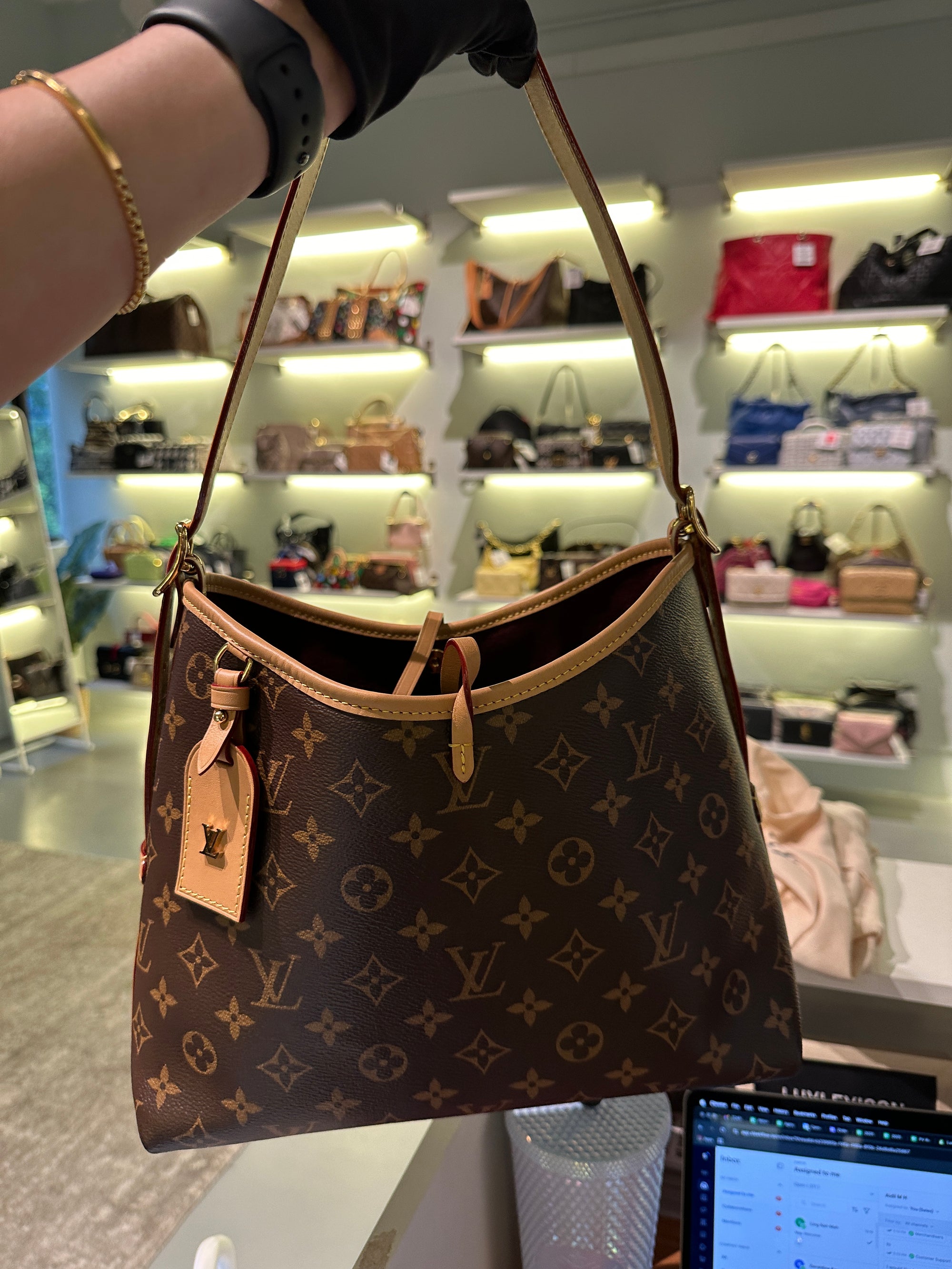 Carryall PM Brown Shoulder Bag in Coated Canvas, Gold hardware