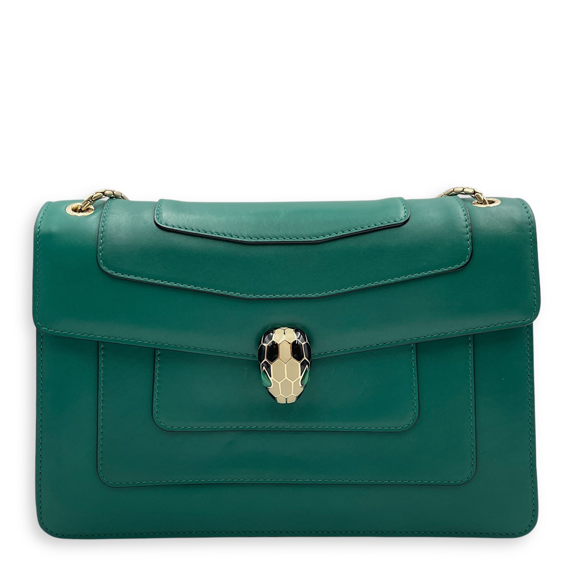 Serpenti Green Shoulder Bag in Calfskin, Gold hardware
