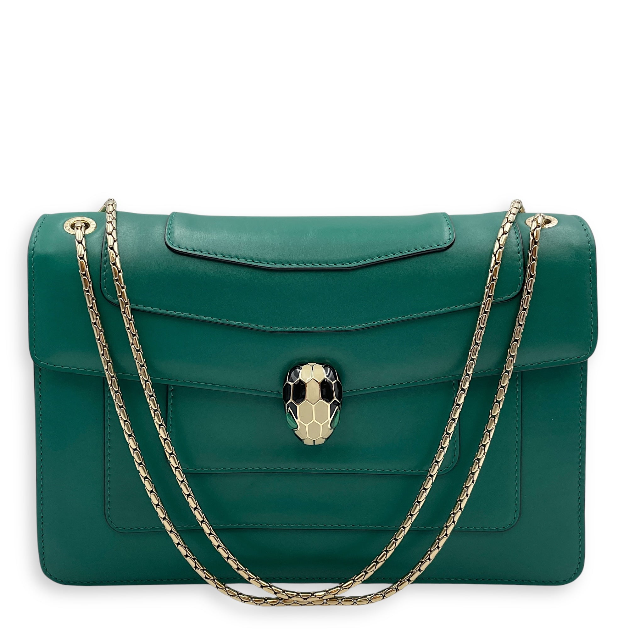 Serpenti Green Shoulder Bag in Calfskin, Gold hardware