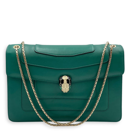 Serpenti Green Shoulder Bag in Calfskin, Gold hardware