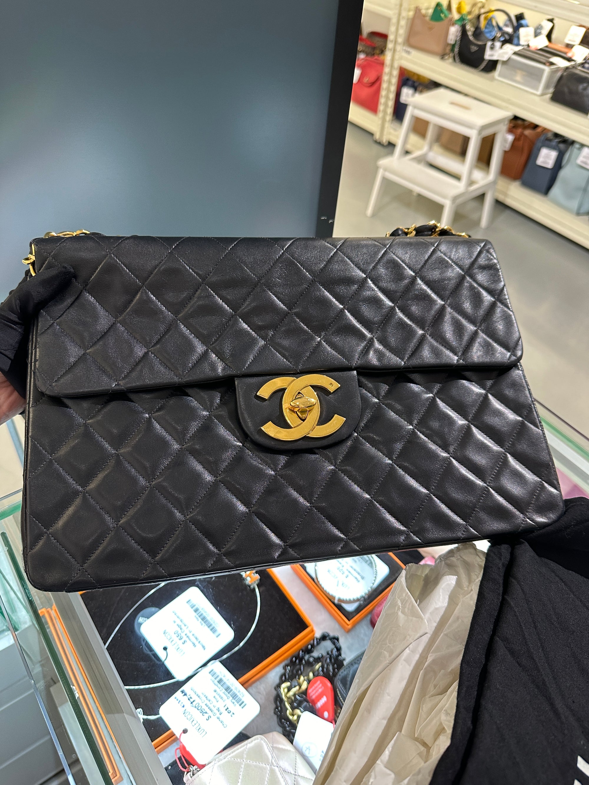 CC Jumbo Deka Black Shoulder Bag in Calfskin, Gold hardware