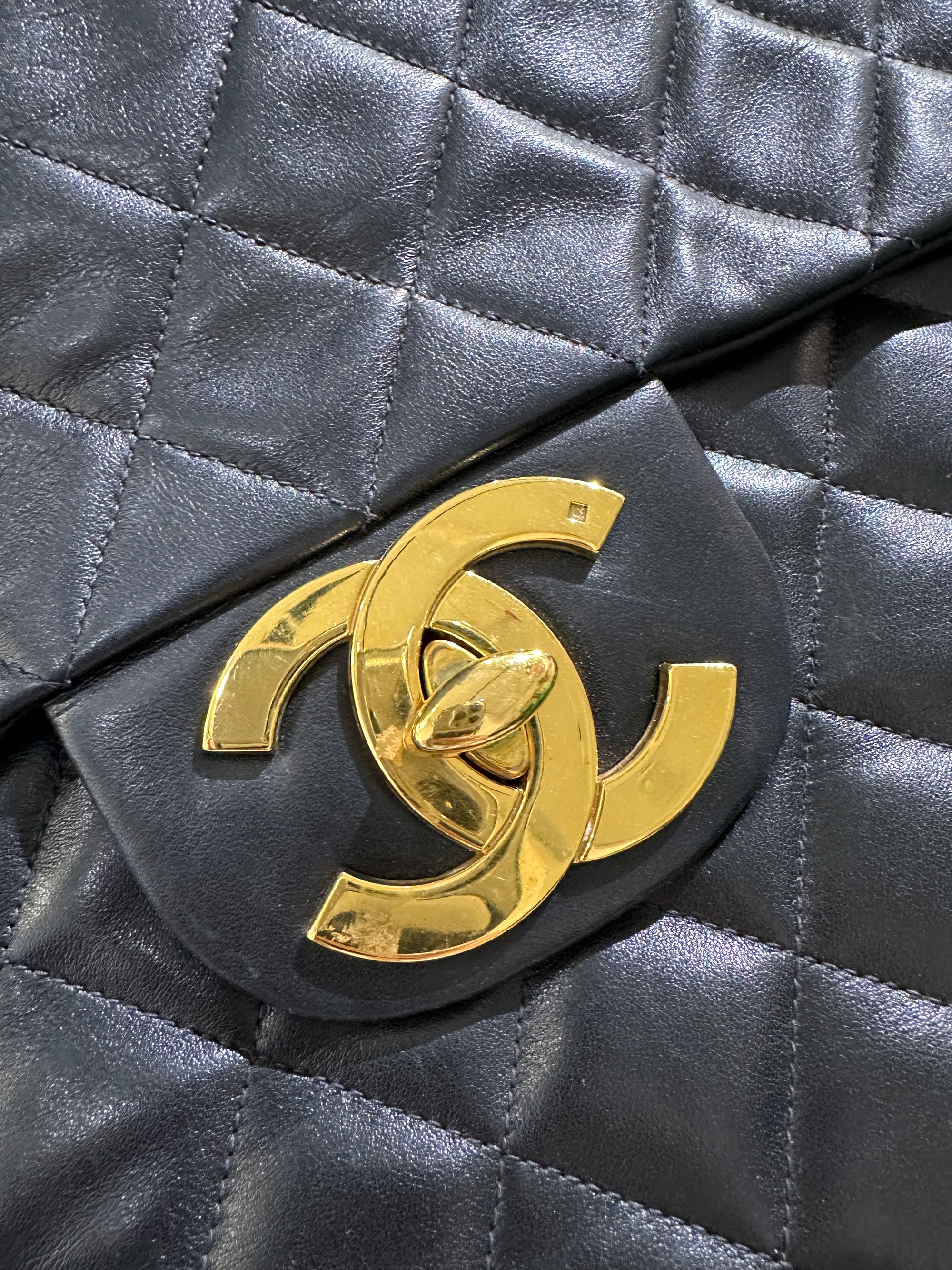 CC Jumbo Deka Black Shoulder Bag in Calfskin, Gold hardware