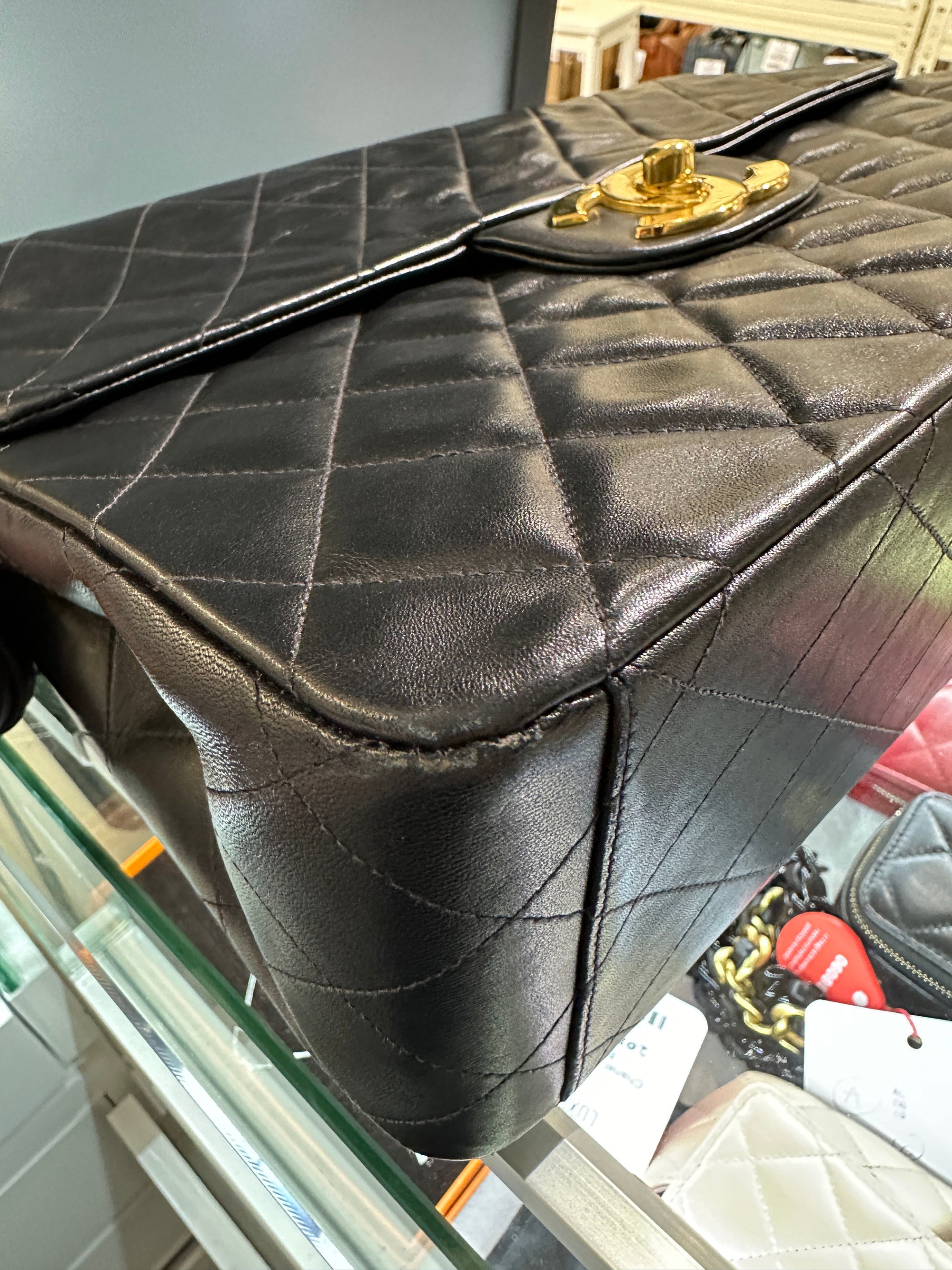 CC Jumbo Deka Black Shoulder Bag in Calfskin, Gold hardware