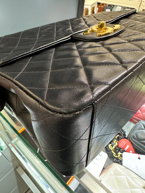 CC Jumbo Deka Black Shoulder Bag in Calfskin, Gold hardware