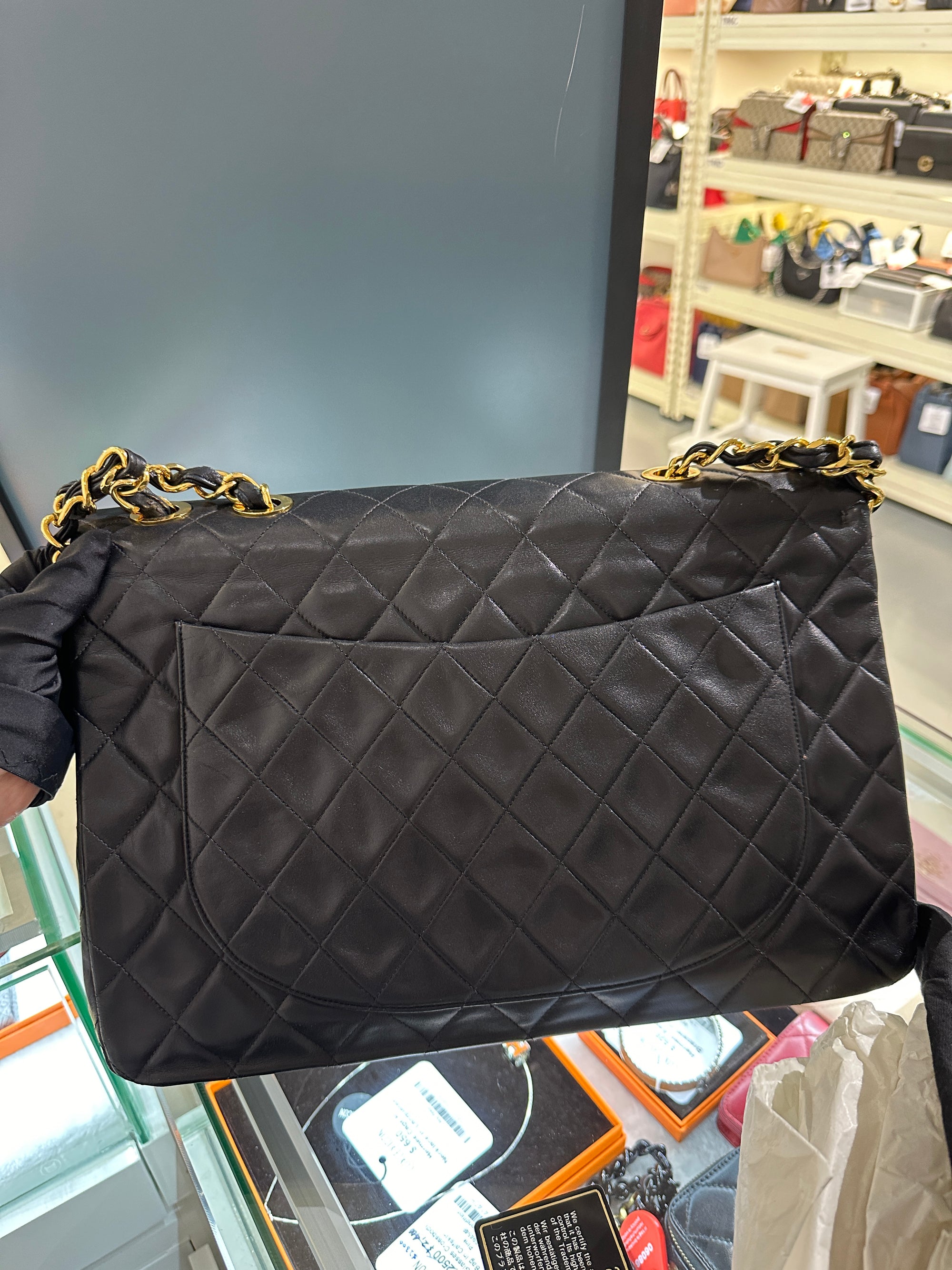 CC Jumbo Deka Black Shoulder Bag in Calfskin, Gold hardware