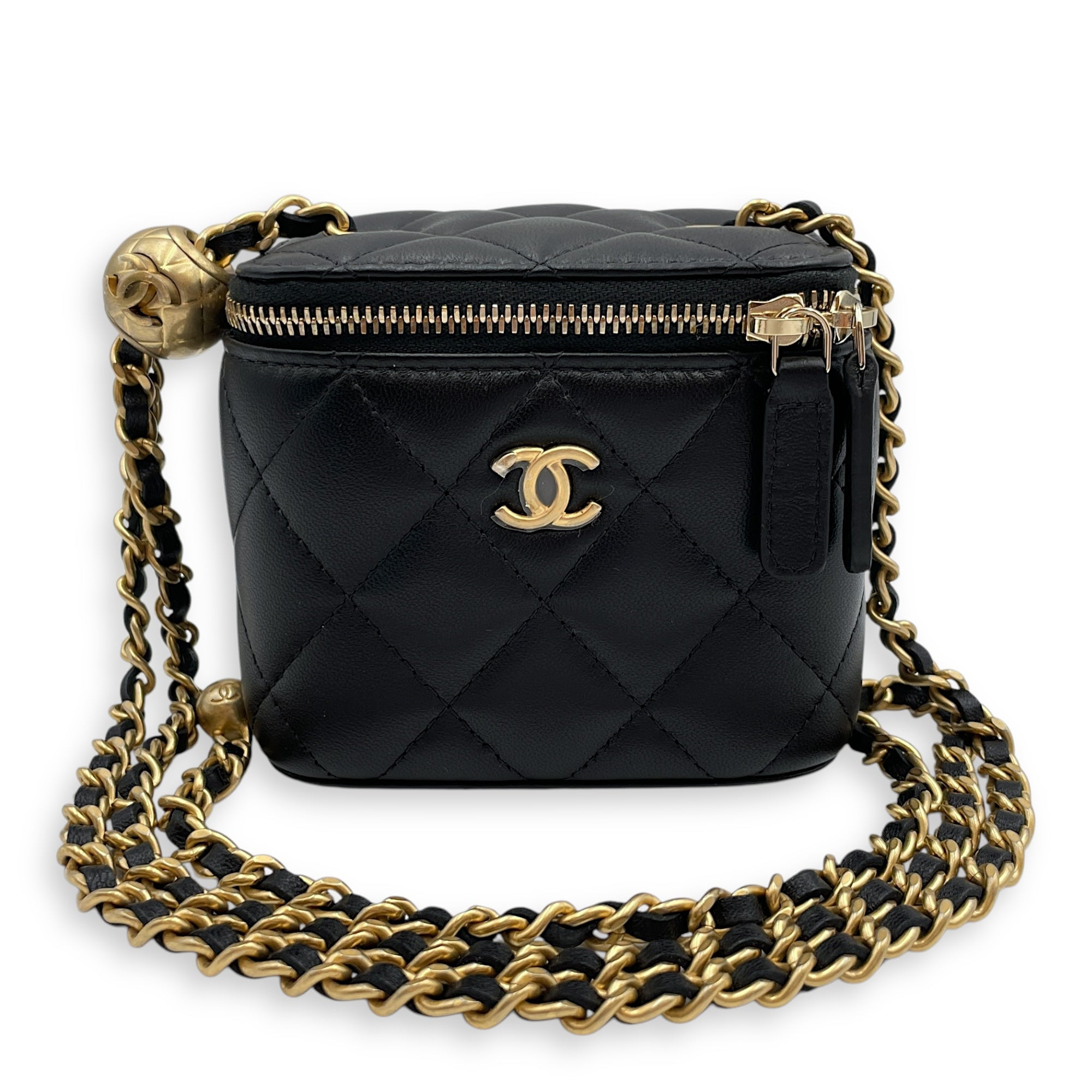 Pearl Crush Mini Black Vanity Bag in Lambskin, Gold hardware