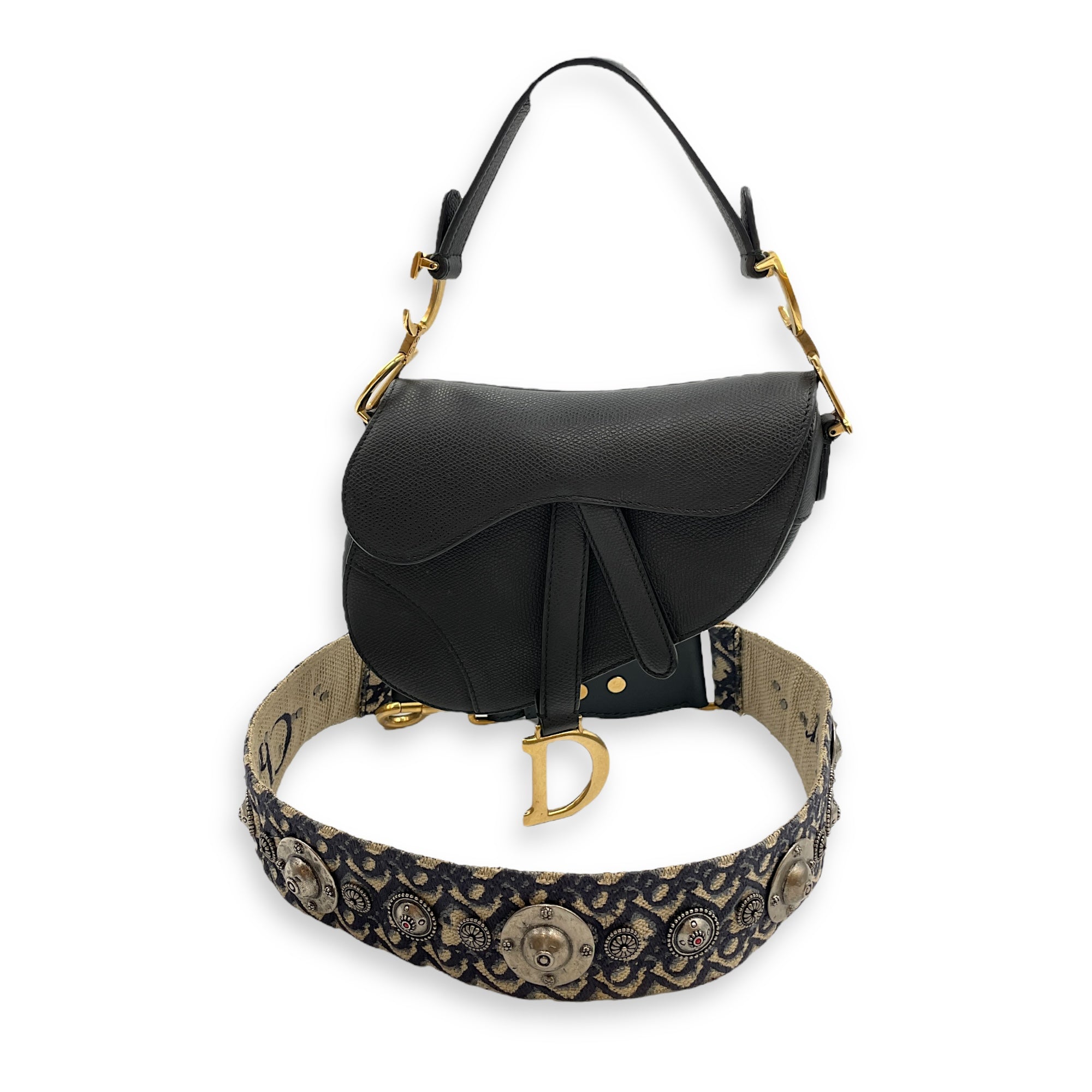 Saddle Mini Black Shoulder Bag in Calfskin, Gold hardware