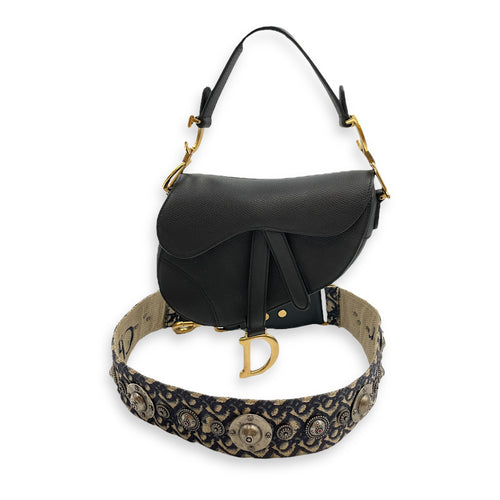Saddle Mini Black Shoulder Bag in Calfskin, Gold hardware