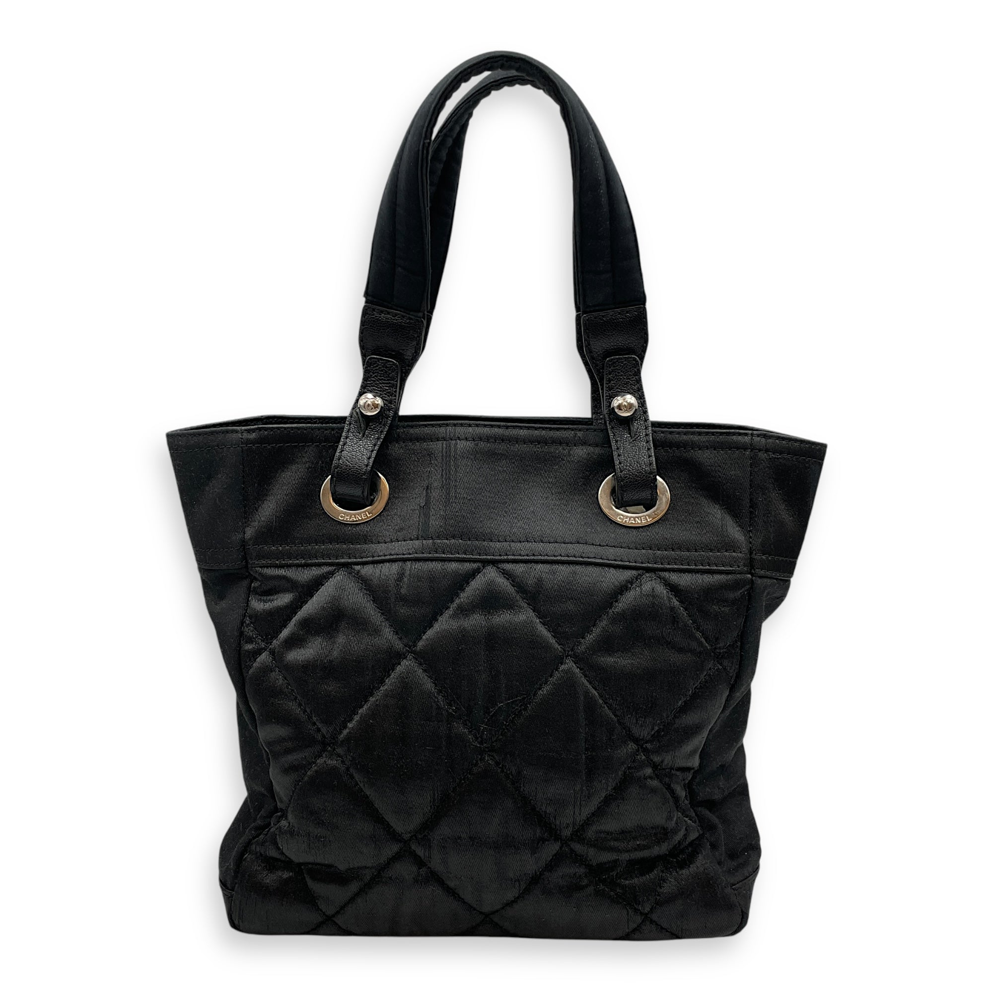 Paris Biarritz PM Black Shoulder Bag in Coated Canvas, Silver hardware