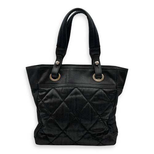 Paris Biarritz PM Black Shoulder Bag in Coated Canvas, Silver hardware