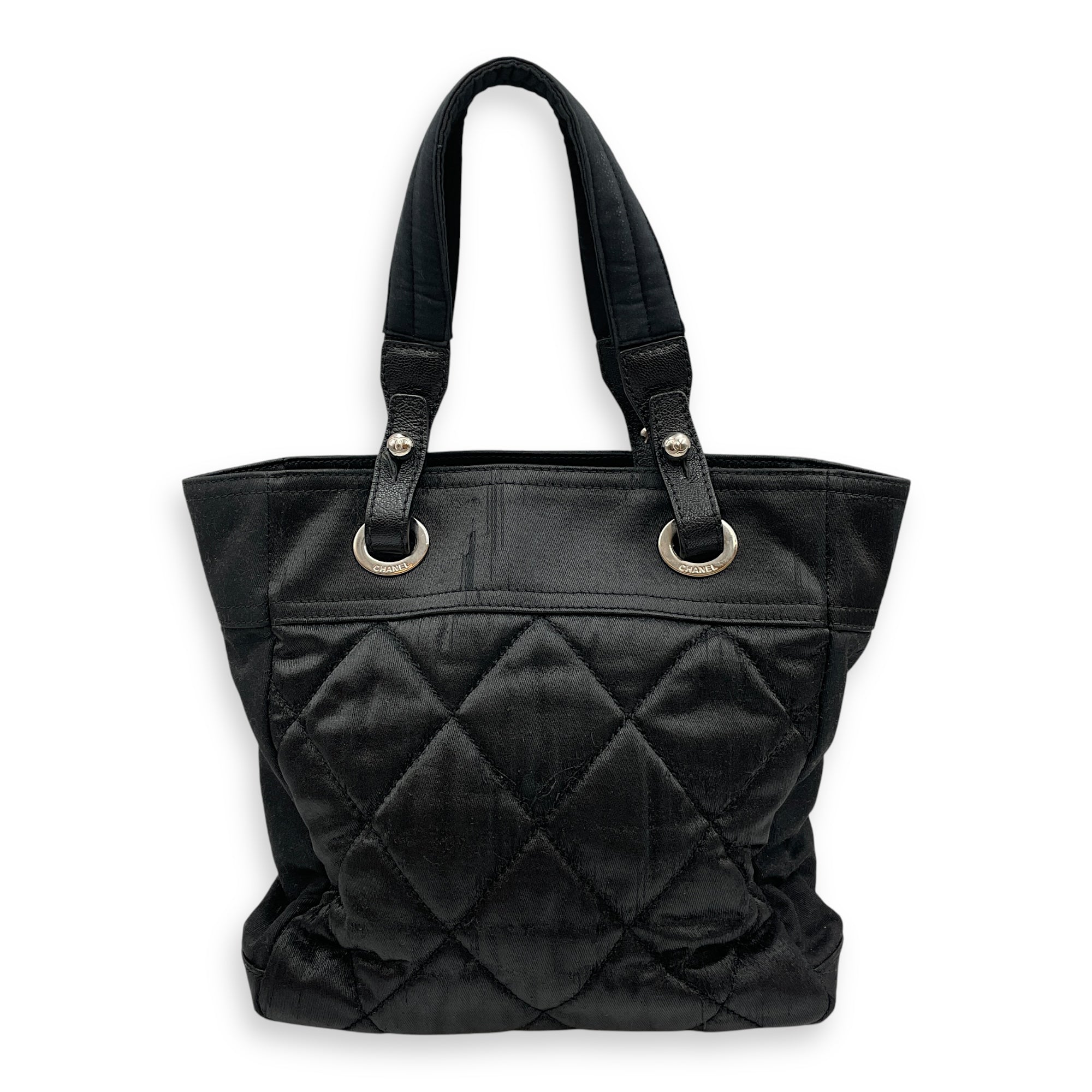 Paris Biarritz PM Black Shoulder Bag in Coated Canvas, Silver hardware
