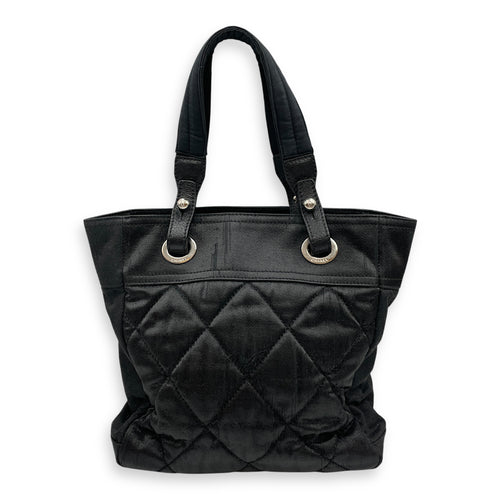 Paris Biarritz PM Black Shoulder Bag in Coated Canvas, Silver hardware