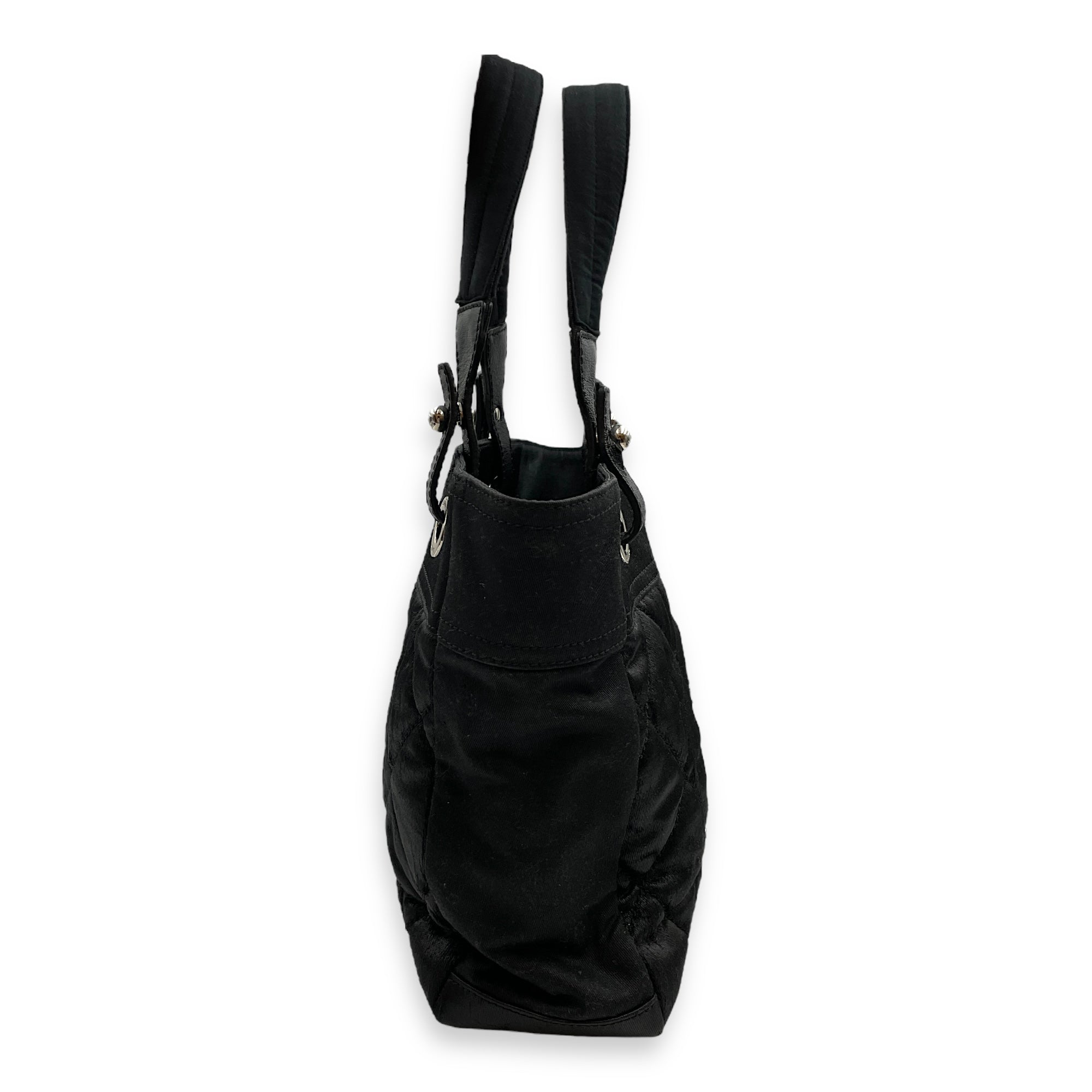 Paris Biarritz PM Black Shoulder Bag in Coated Canvas, Silver hardware