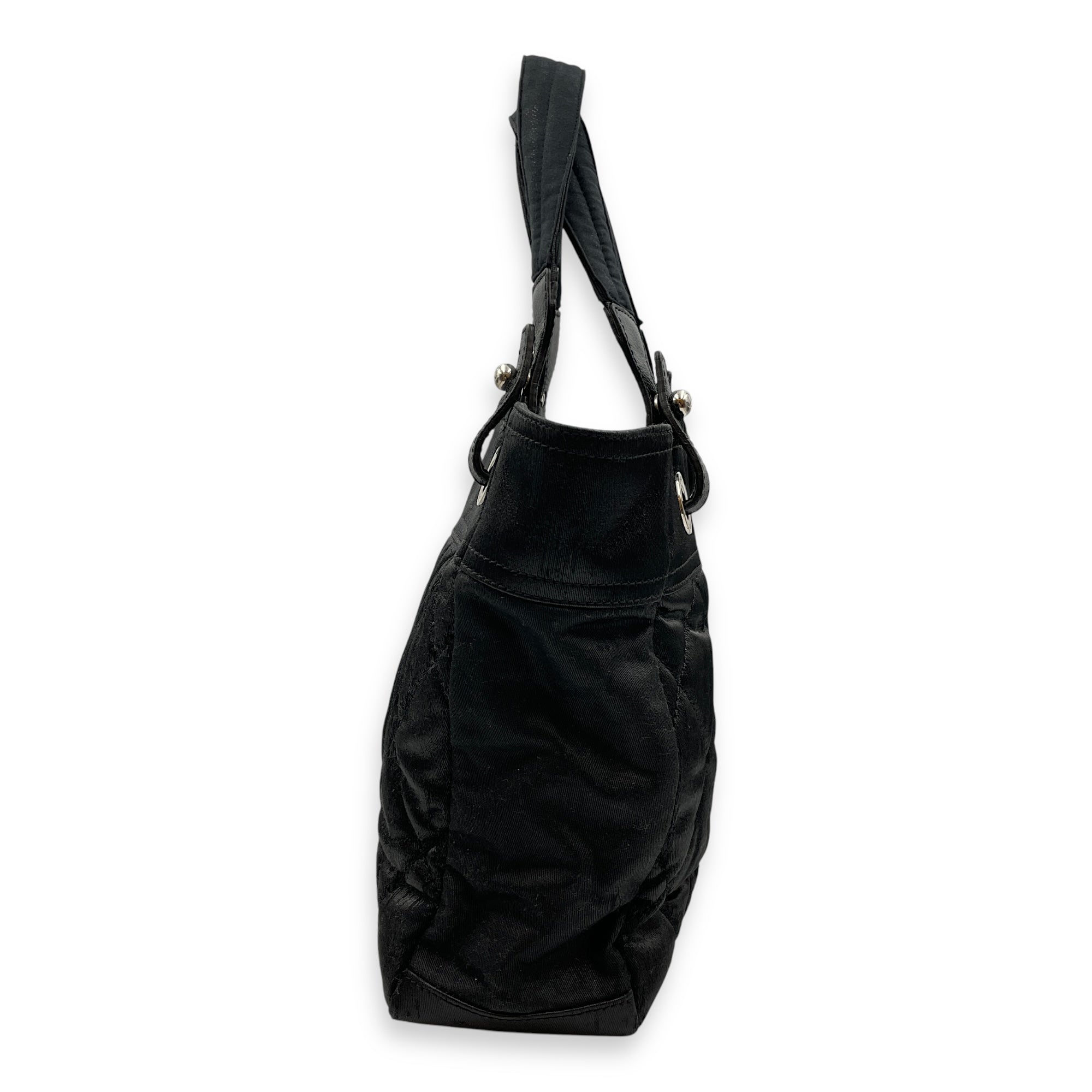 Paris Biarritz PM Black Shoulder Bag in Coated Canvas, Silver hardware