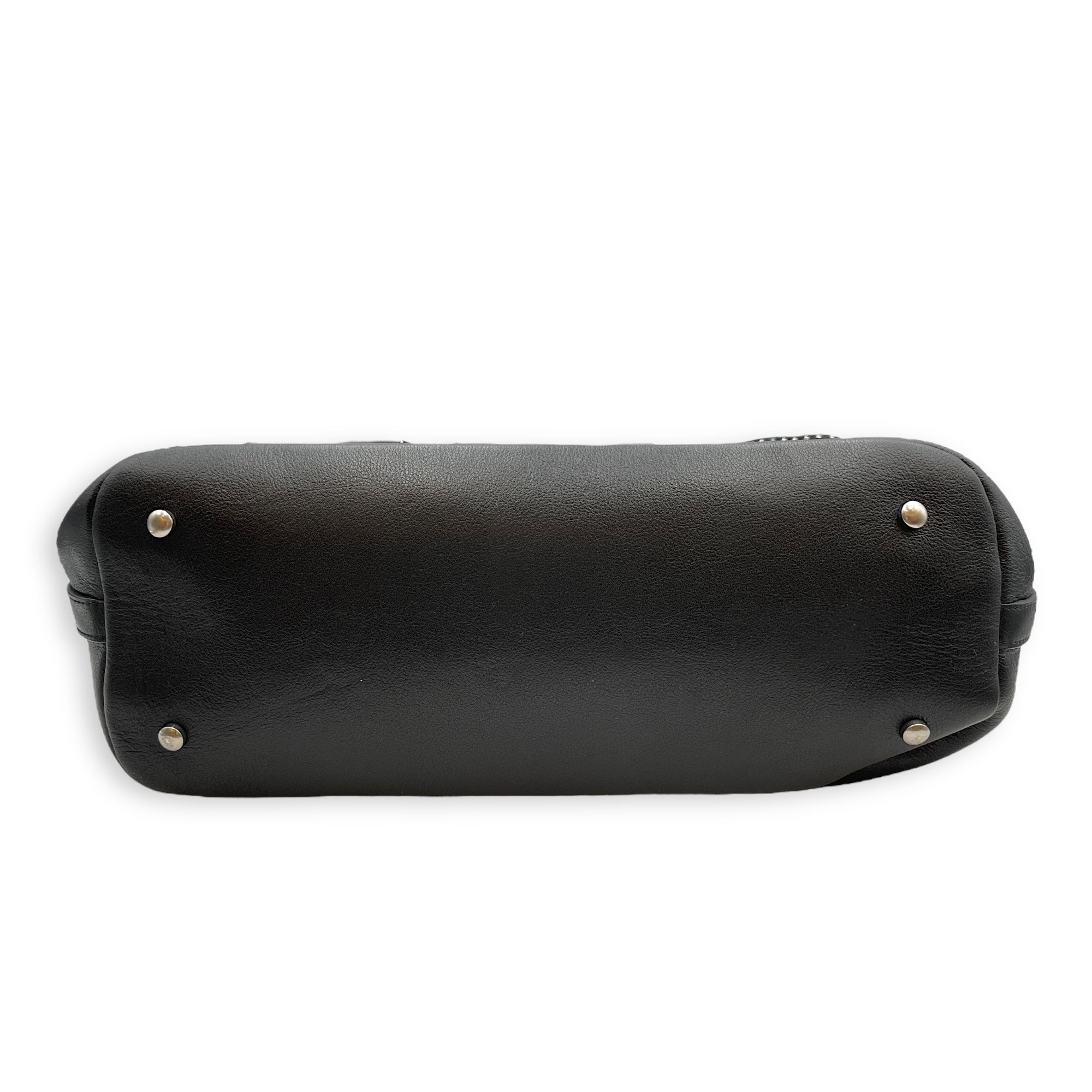 Eyelet Large Black Shoulder Bag in Calfskin, Silver hardware