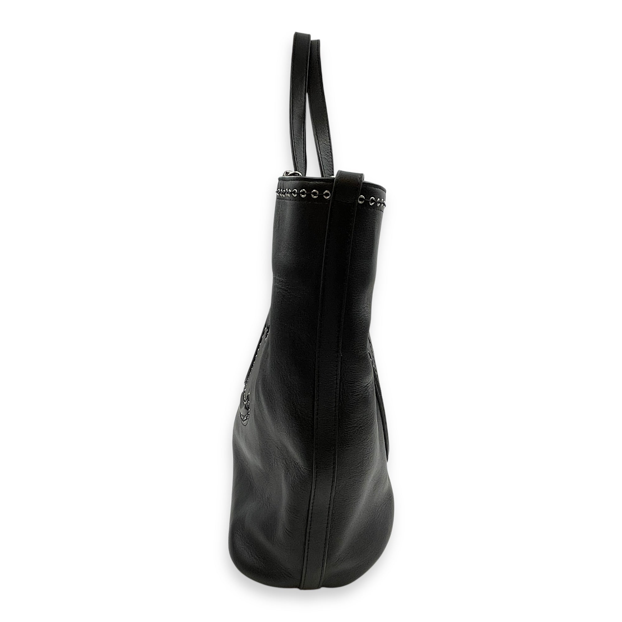 Eyelet Large Black Shoulder Bag in Calfskin, Silver hardware