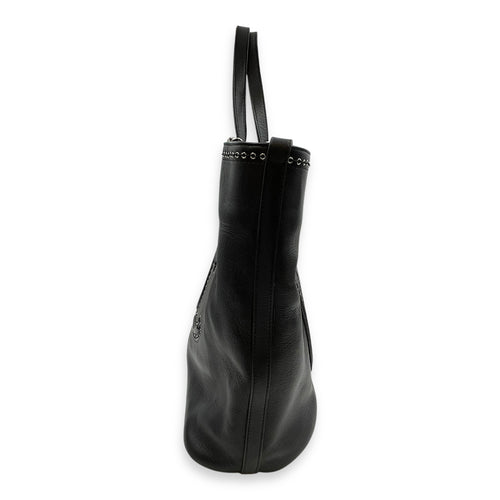 Eyelet Large Black Shoulder Bag in Calfskin, Silver hardware