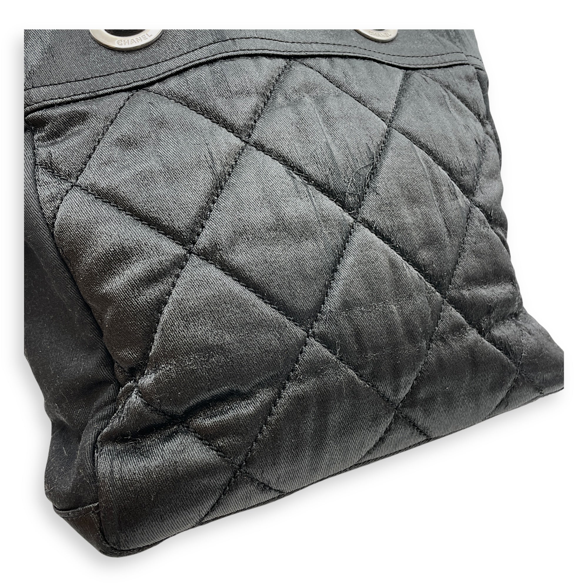 Paris Biarritz PM Black Shoulder Bag in Coated Canvas, Silver hardware