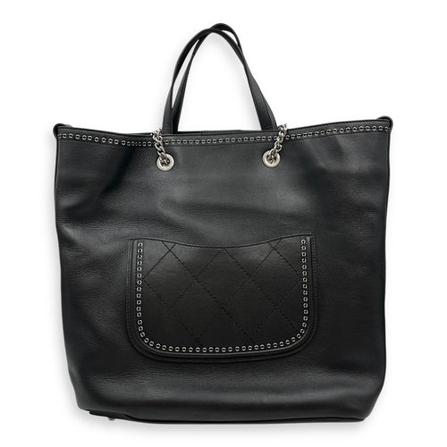 Eyelet Large Black Shoulder Bag in Calfskin, Silver hardware
