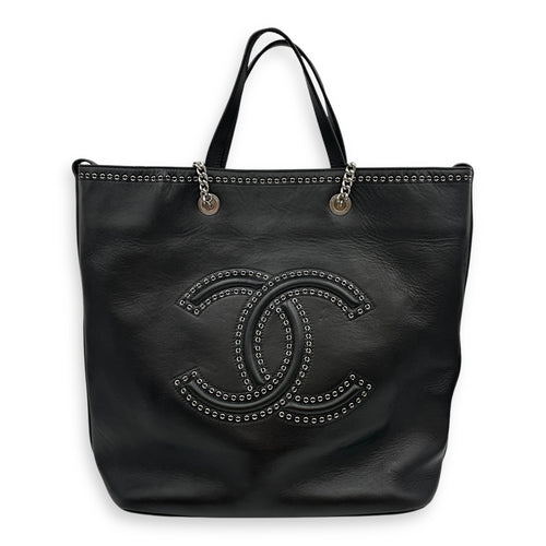 Eyelet Large Black Shoulder Bag in Calfskin, Silver hardware