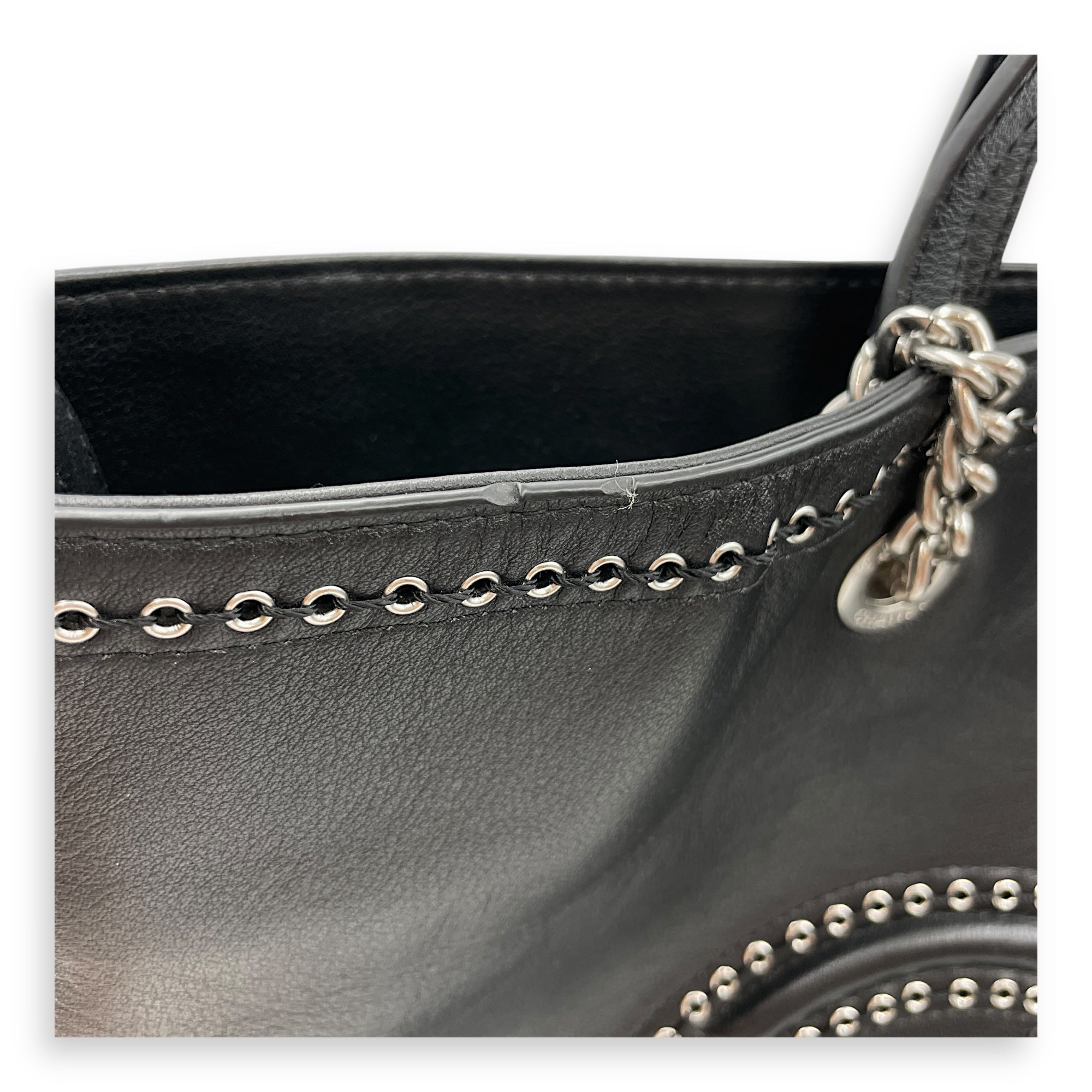 Eyelet Large Black Shoulder Bag in Calfskin, Silver hardware