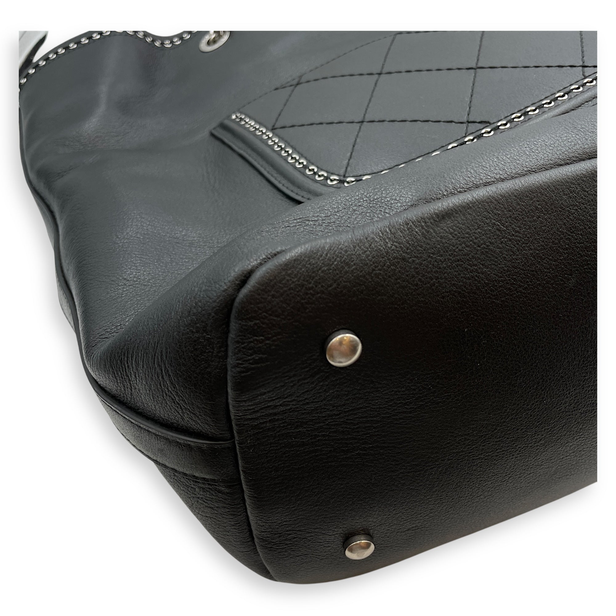 Eyelet Large Black Shoulder Bag in Calfskin, Silver hardware