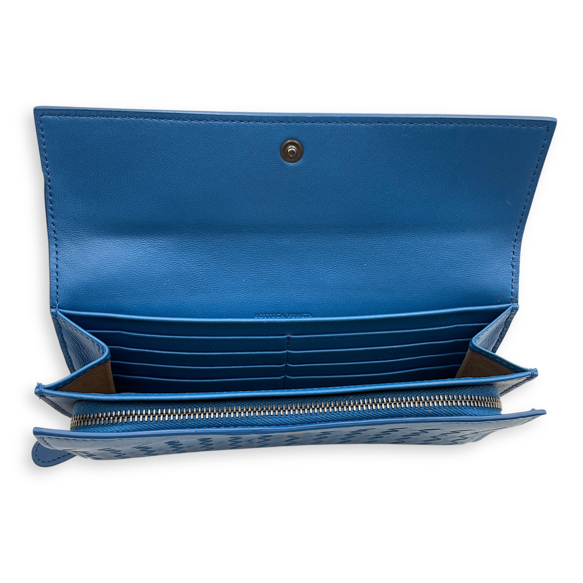 Intrecciato Long Blue Wallet in Nappa Leather, Silver hardware