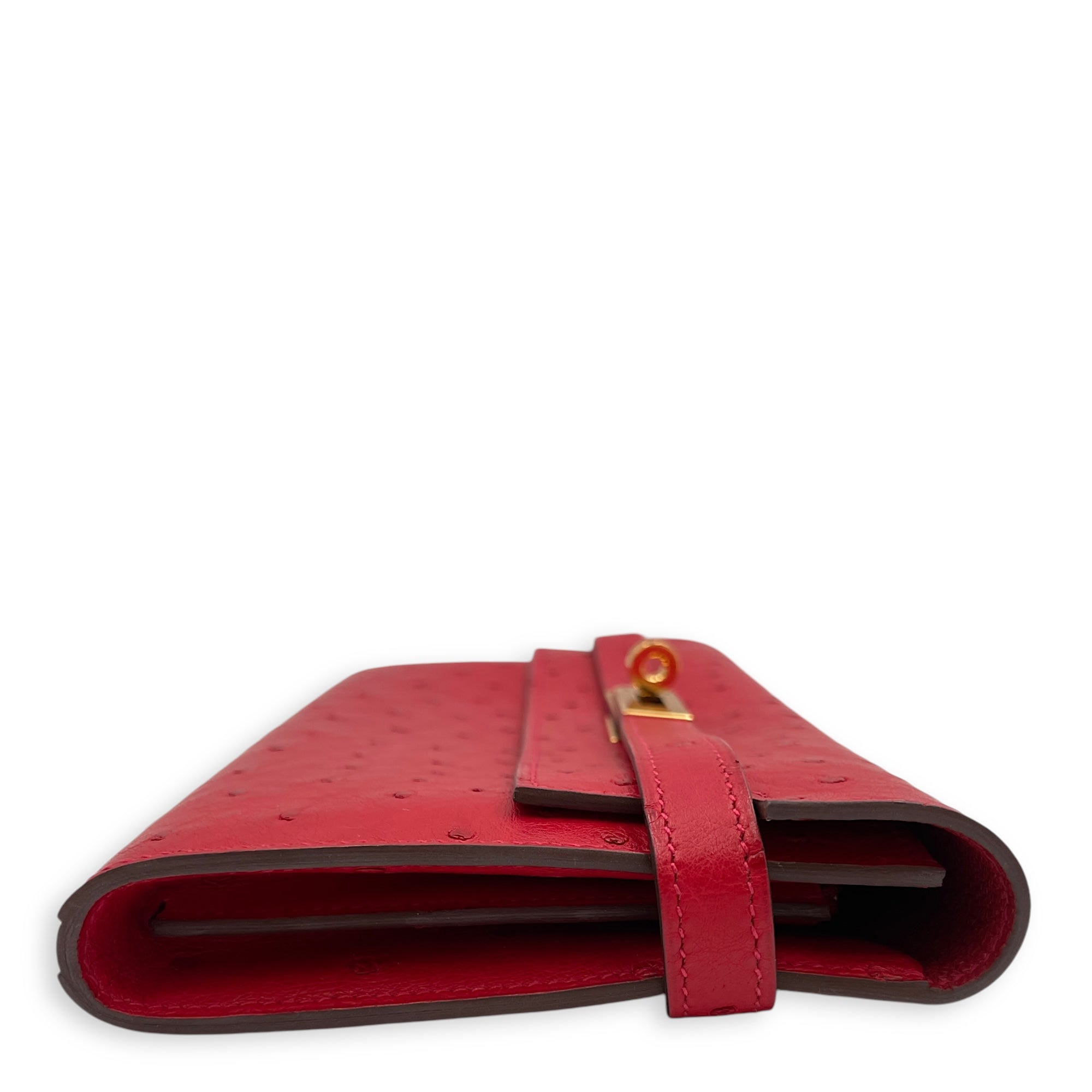 Kelly Rouge Vif Wallet in Ostrich, Gold hardware