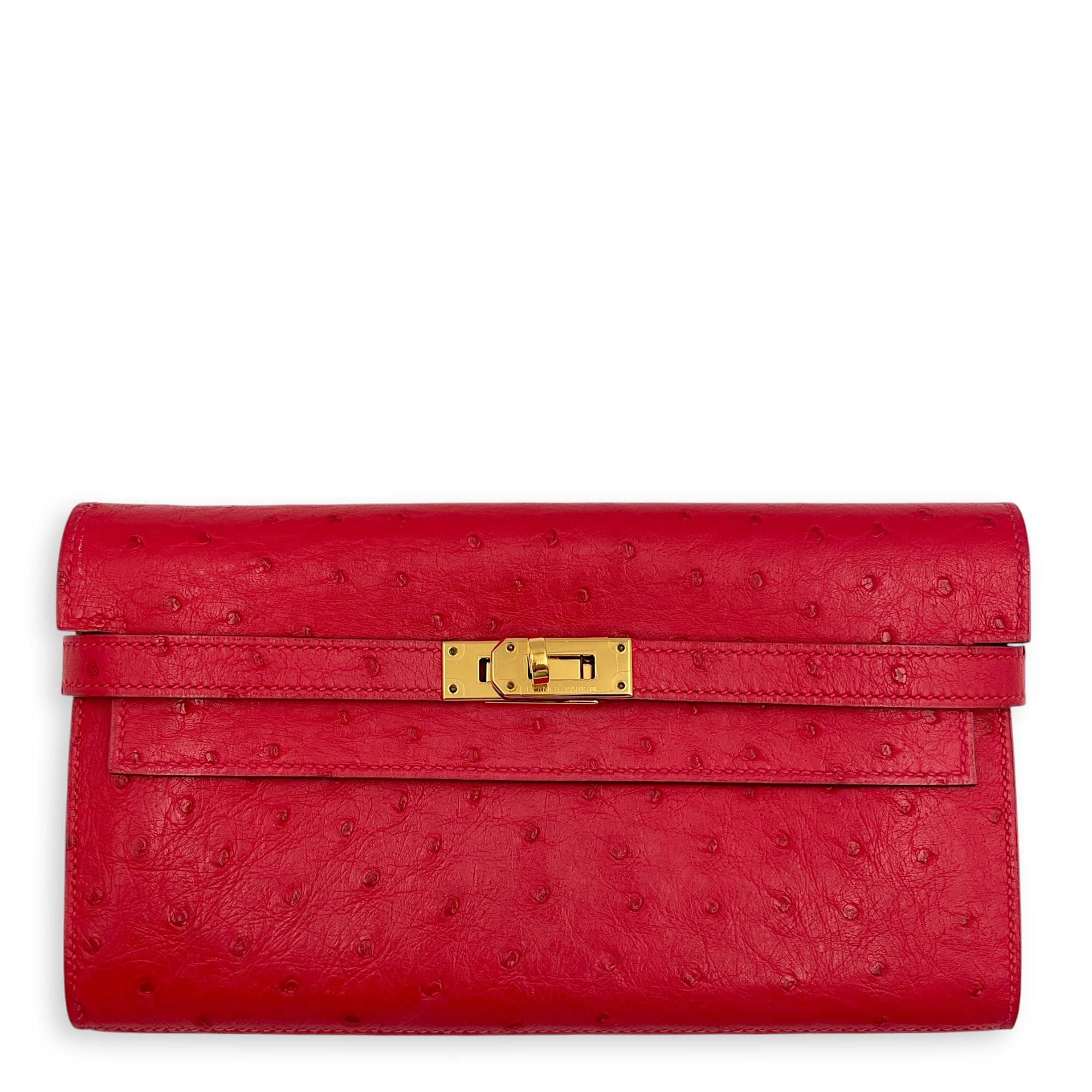 Kelly Rouge Vif Wallet in Ostrich, Gold hardware