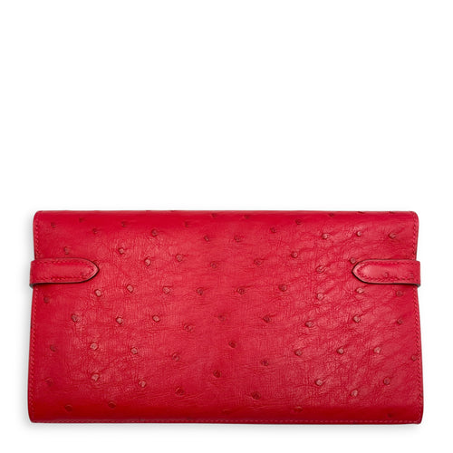 Kelly Rouge Vif Wallet in Ostrich, Gold hardware