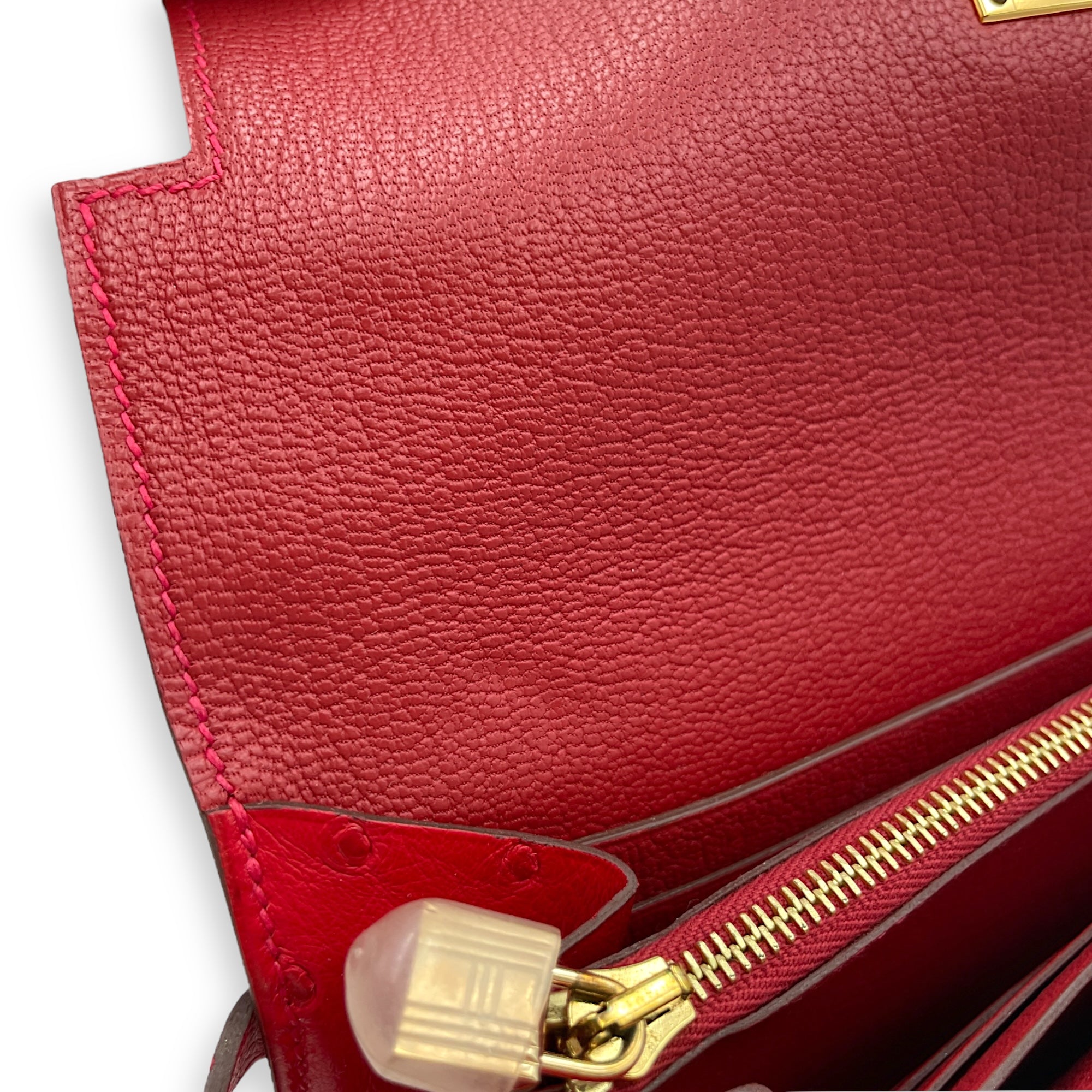 Kelly Rouge Vif Wallet in Ostrich, Gold hardware