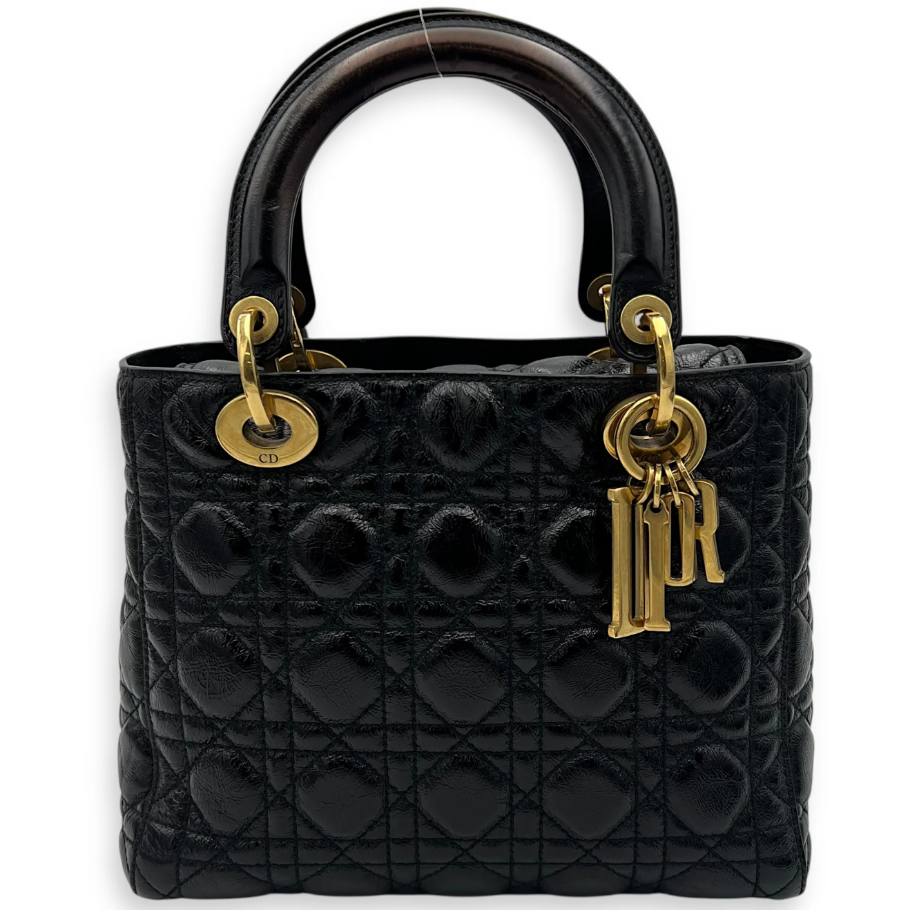 Lady Dior Top Handle Bag Medium Black in Crinkled Patent Leather, Gold hardware