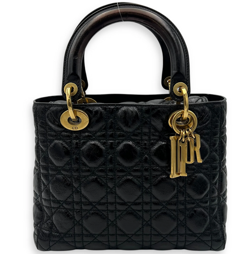 Lady Dior Top Handle Bag Medium Black in Crinkled Patent Leather, Gold hardware