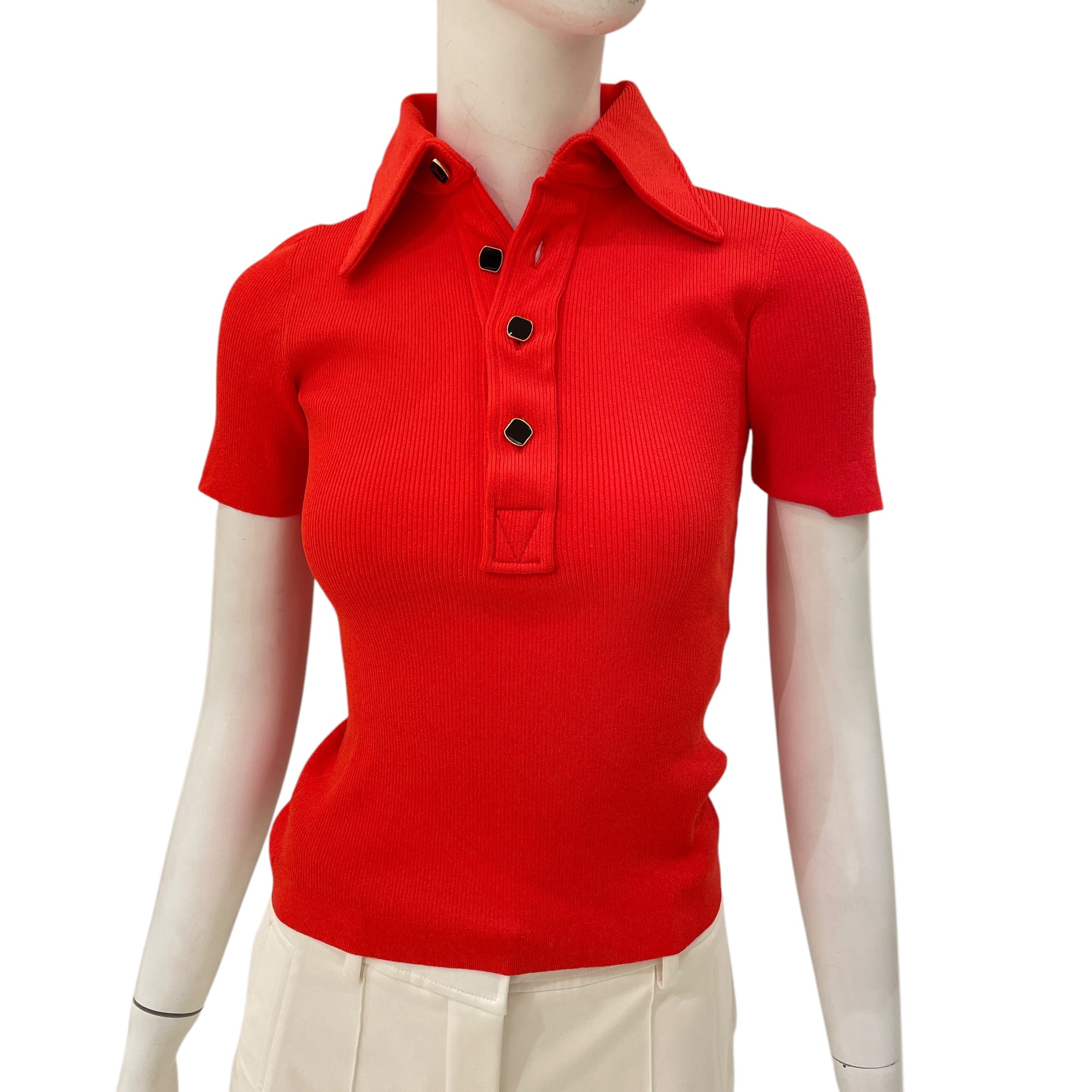 S/S Knit Red Polo Top in Viscose, Polyamide, Polyester, Gold hardware