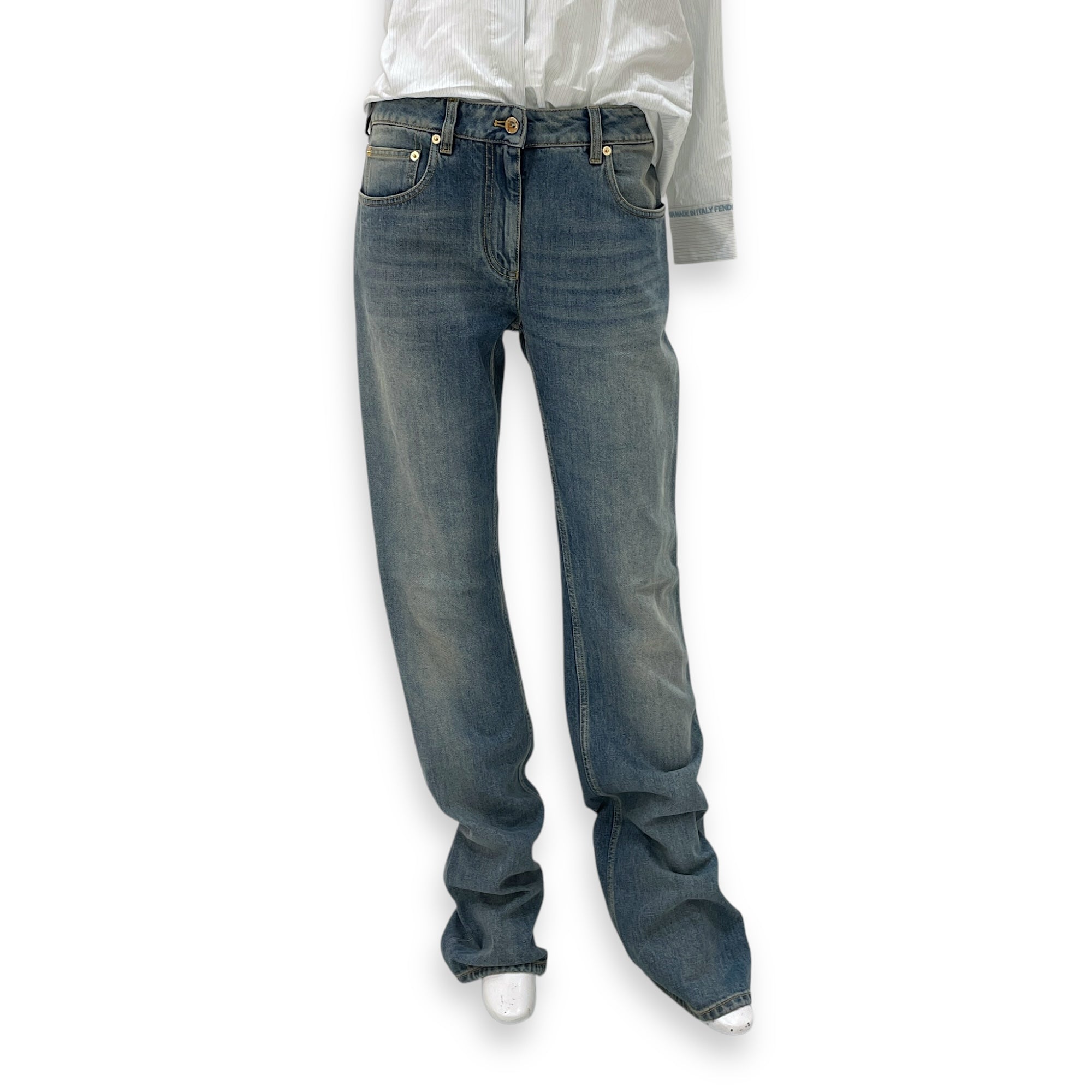 Slim Denim Blue Pants in Cotton, Polyester, Gold hardware