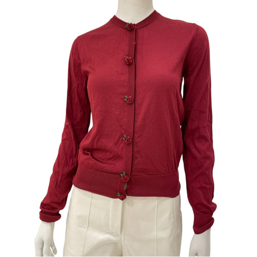 Rose Button 38 Red Knit Cardigan in Silk, Resins, Silver hardware
