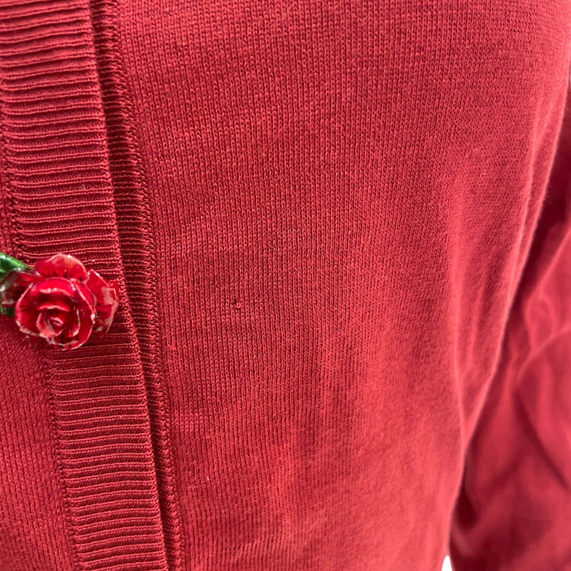 Rose Button 38 Red Knit Cardigan in Silk, Resins, Silver hardware