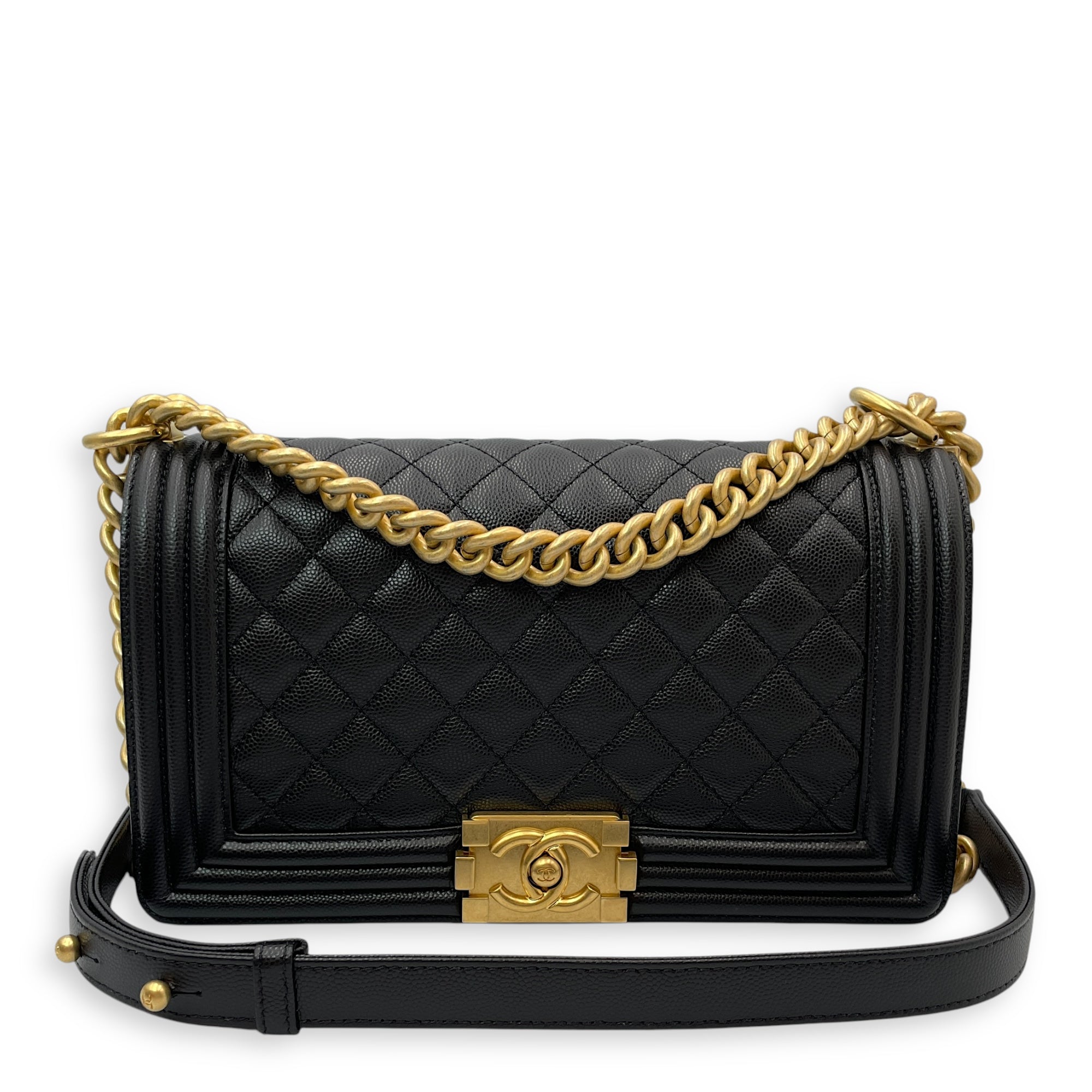 Quilted Boy Medium Black Crossbody Bag in Caviar Leather, Gold hardware