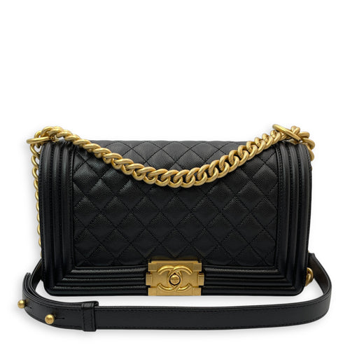 Quilted Boy Medium Black Crossbody Bag in Caviar Leather, Gold hardware