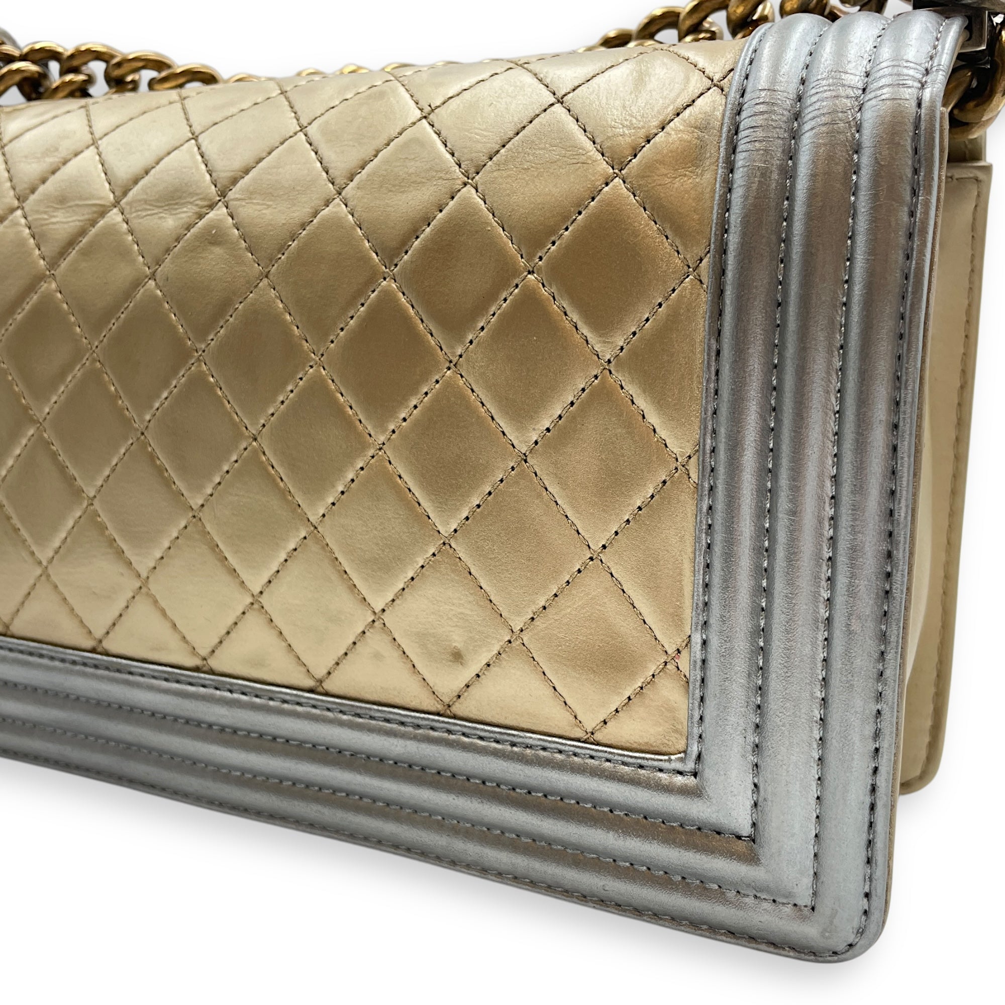 Quilted Bi-Colour Boy Medium Gold/Silver Shoulder Bag in Metallic, Brushed Gold hardware