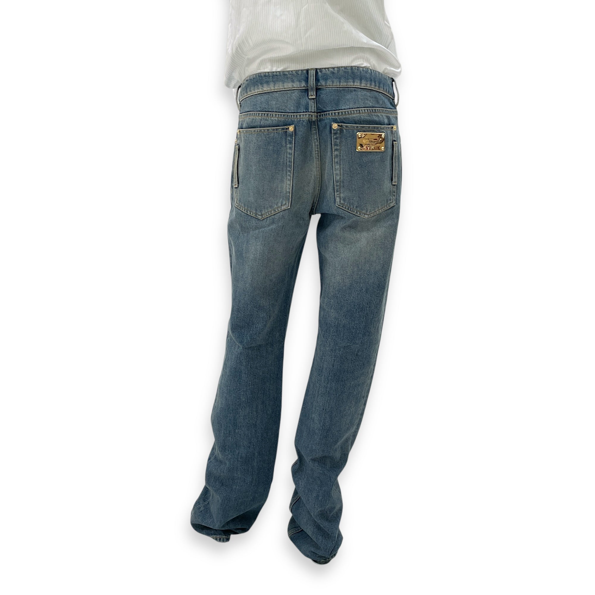 Slim Denim Blue Pants in Cotton, Polyester, Gold hardware