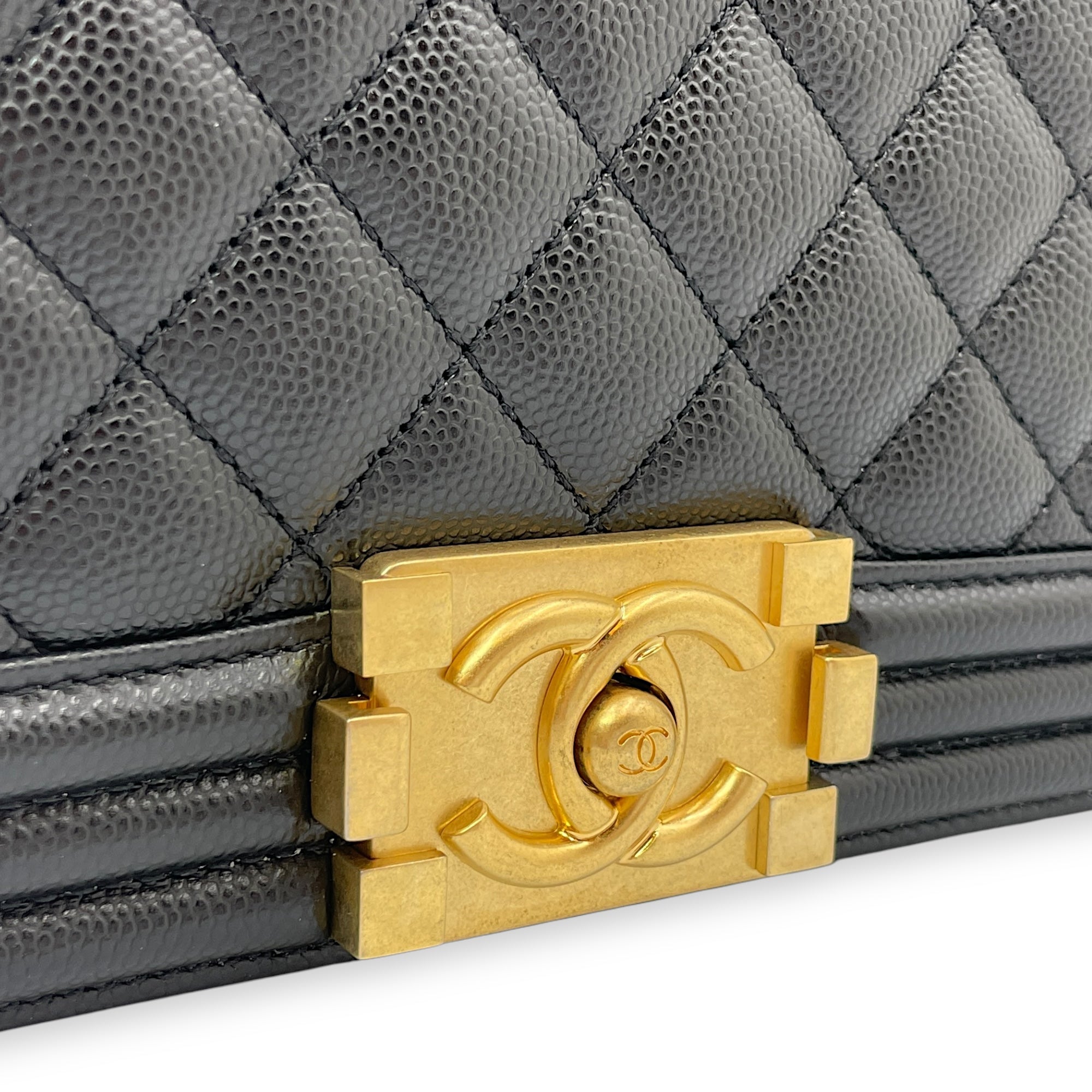 Quilted Boy Medium Black Crossbody Bag in Caviar Leather, Gold hardware